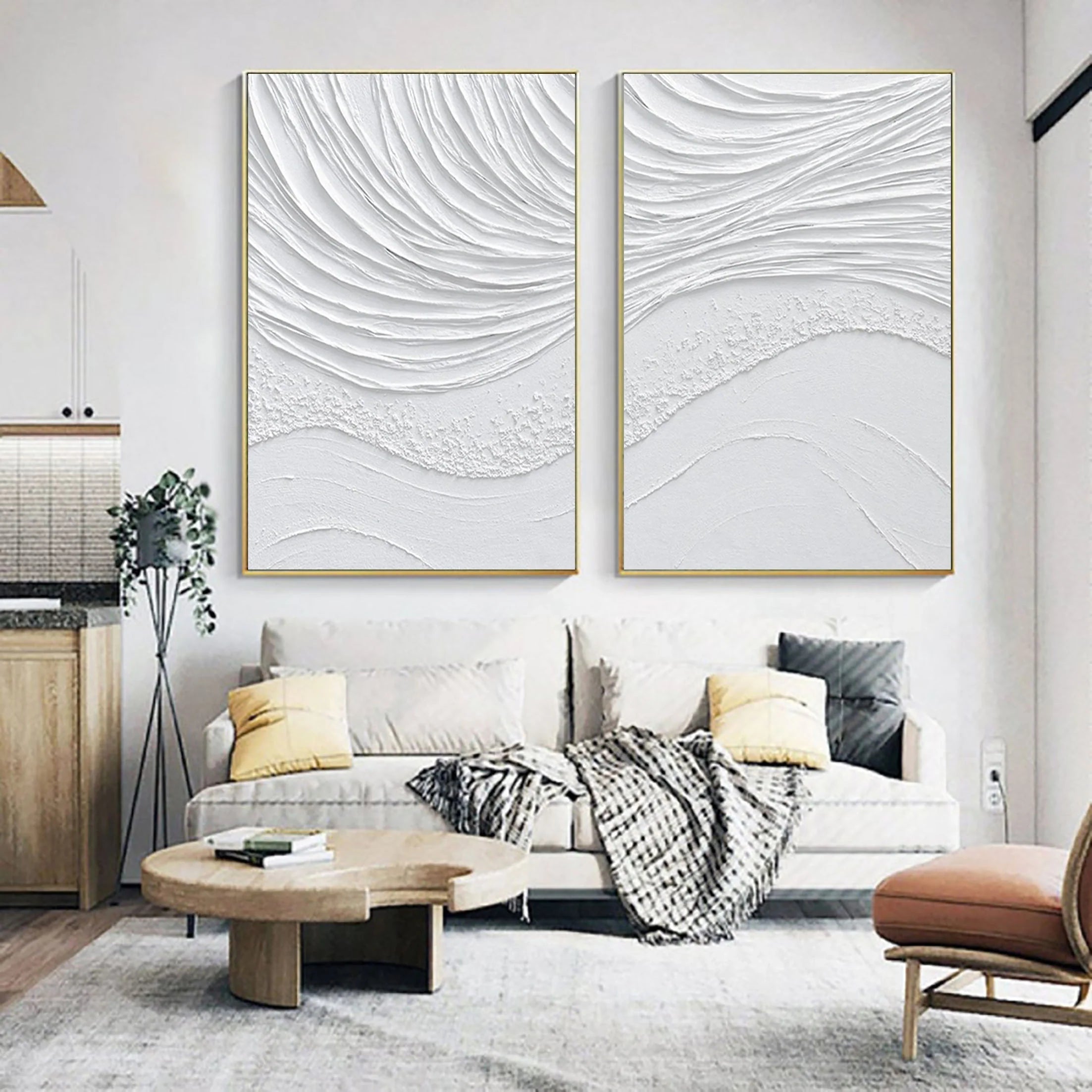 White Sea Waves Textured Plaster Art Painting On Canvas, Modern Minimalist Wall Art