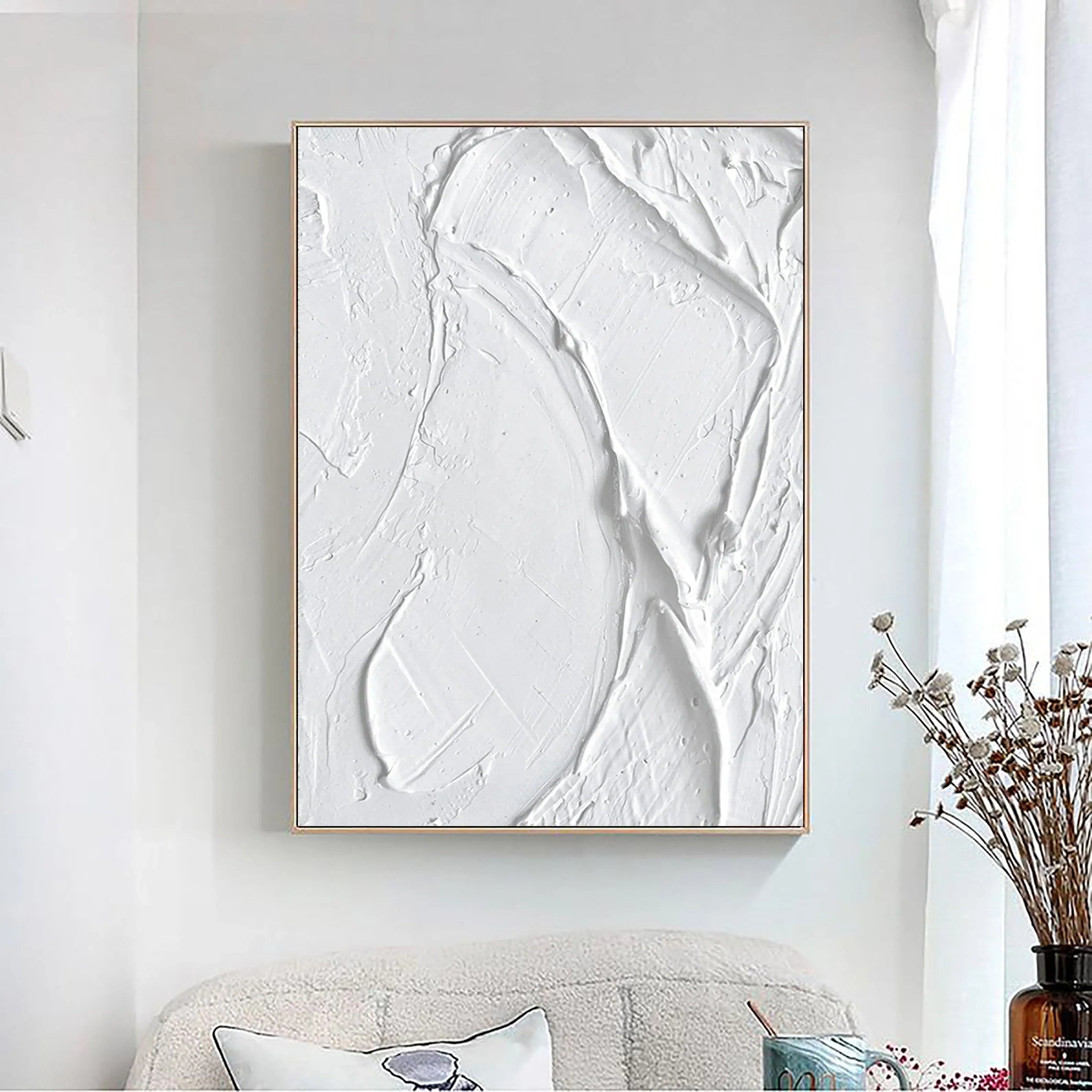 White 3D Textured Plaster Art Painting on Canvas Minimalist Room Decor