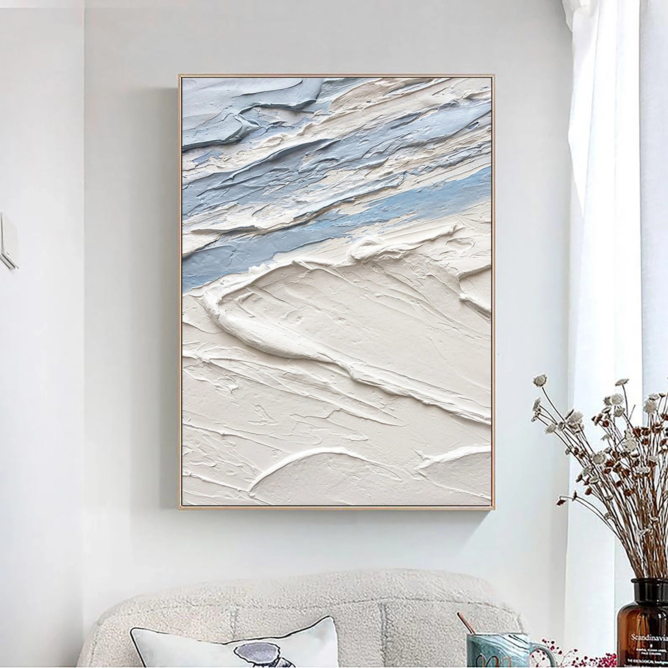 Blue White Textured Sea Slaps Plaster Art Minimalist Painting Wall Decor