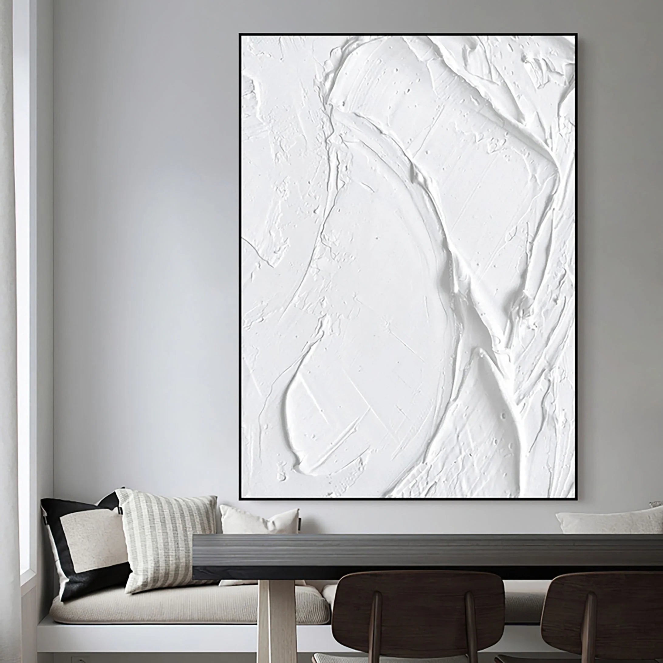 White 3D Textured Plaster Art Painting on Canvas Minimalist Room Decor