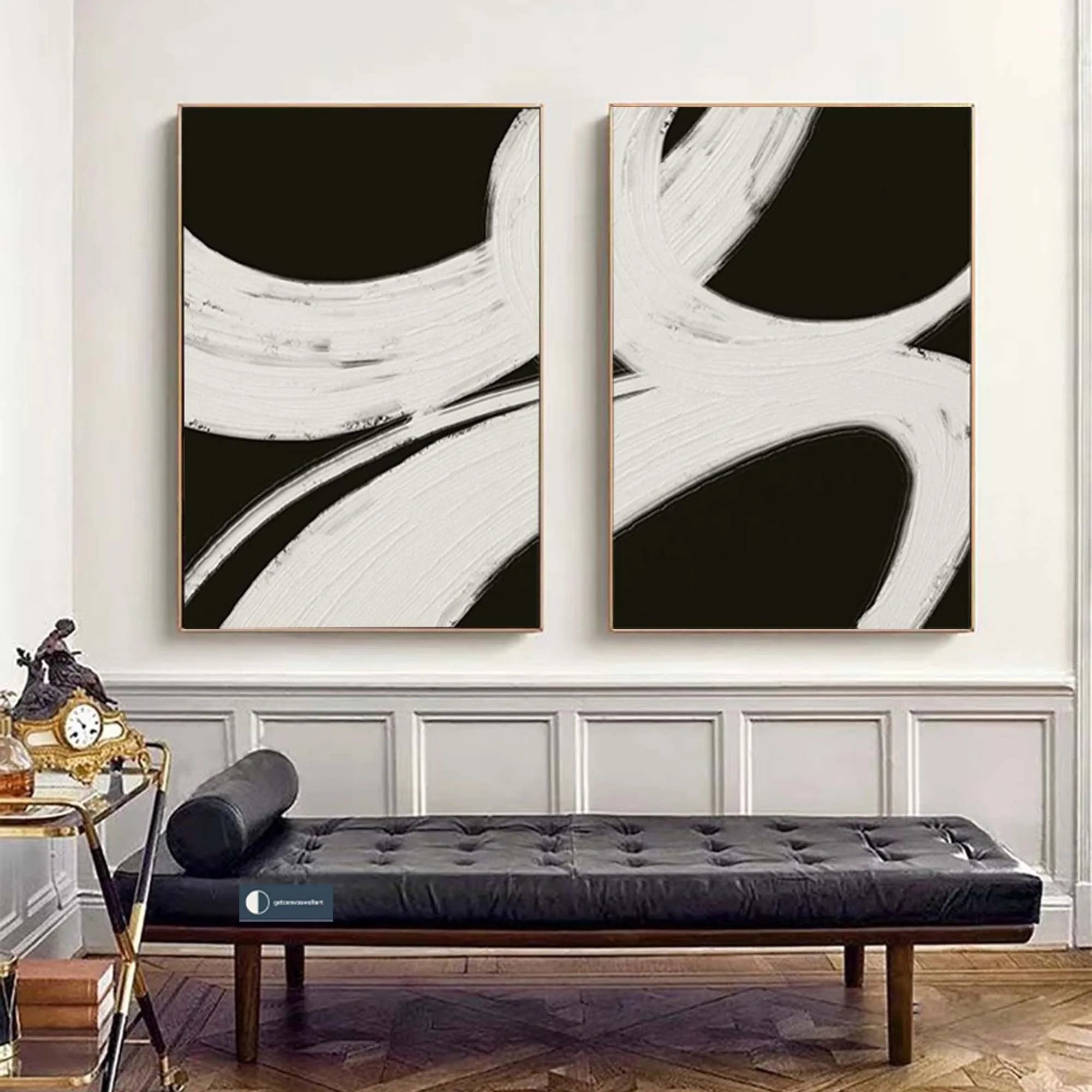 Geometric Wabi Sabi Black Beige Abstract Painting on Canvas Set of 2