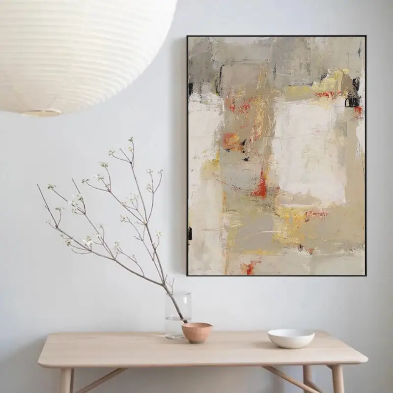 Gold Beige Wabi Sabi Painting Canvas, Large Gray Abstract Wall Art For Bedroom