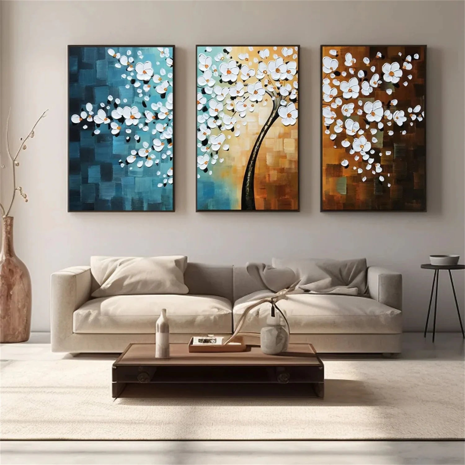 Colorful Flower & Tree Abstract Textured Wall Art Set of 3#ML051