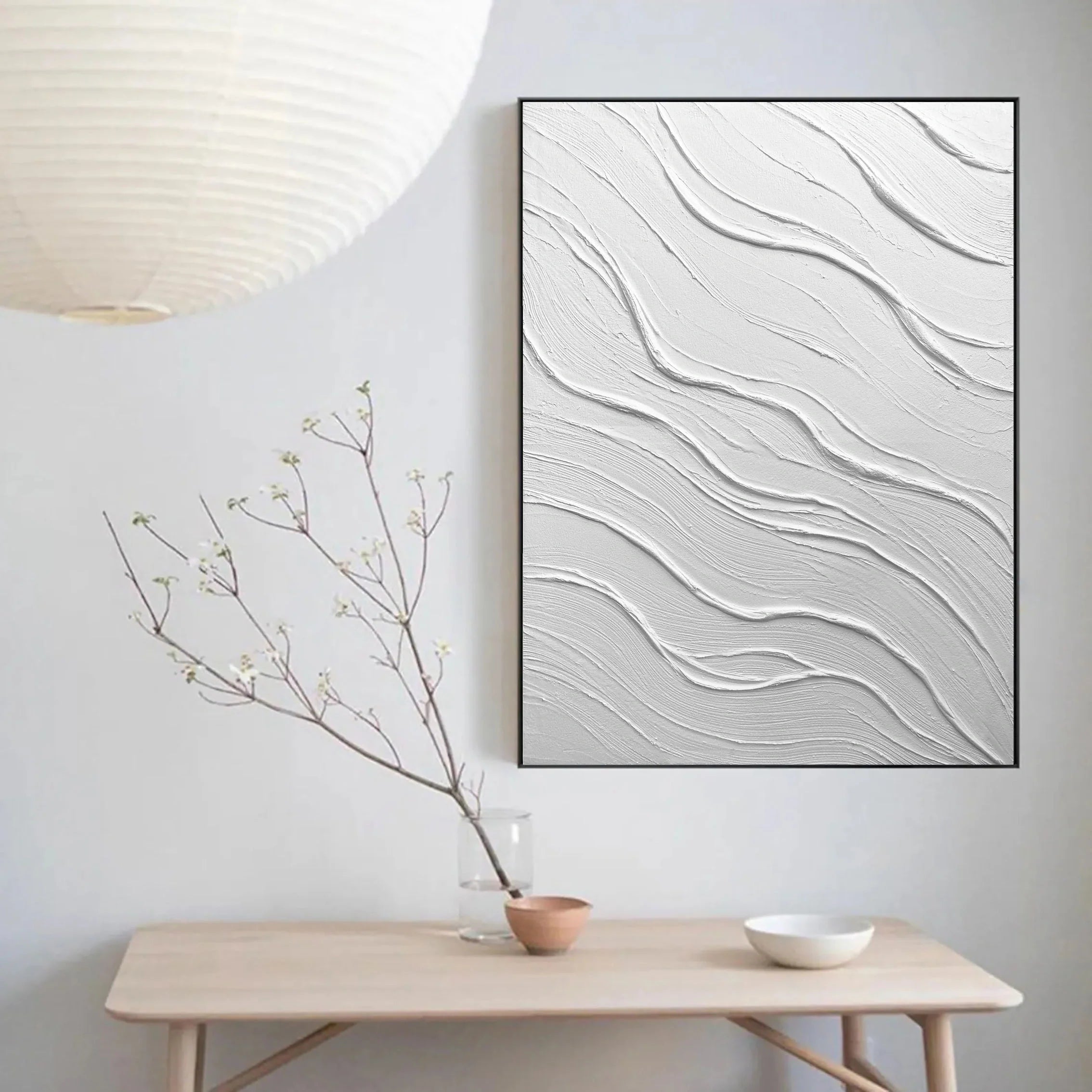 Large Size White Textured Wave Plaster Art Painting Wall Artwork for Room Deco