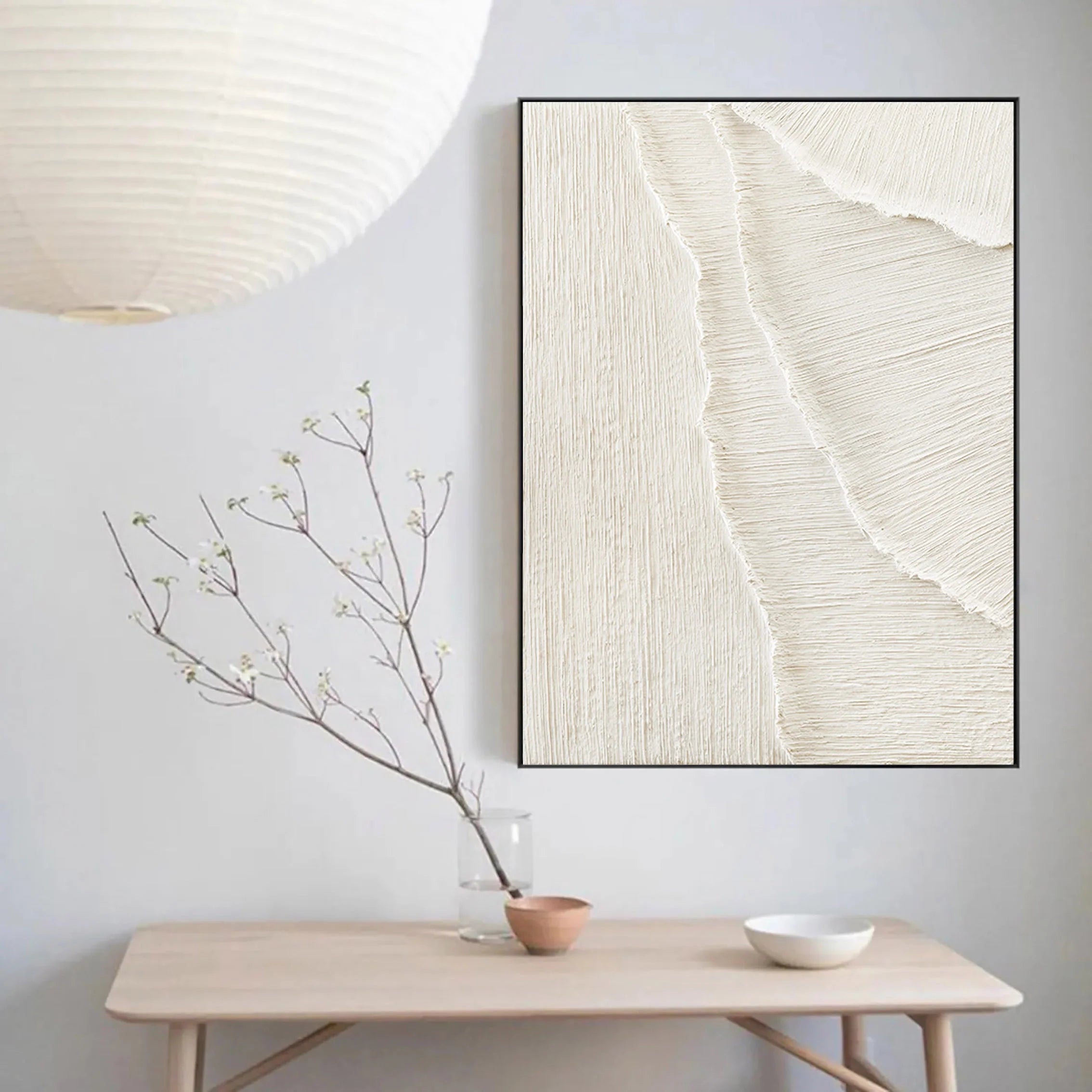 Beige Sea Slap Beach Textured Plaster Framed Canvas, Large Minimalist Wall Artwork for Home Decor