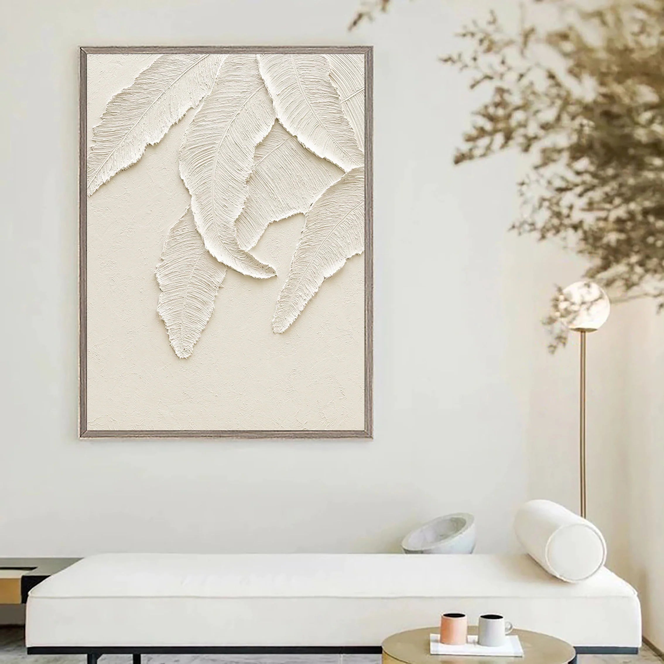 3D Textured Leaves Minimalistic Plaster Art Painting for Bedroom/Living Room