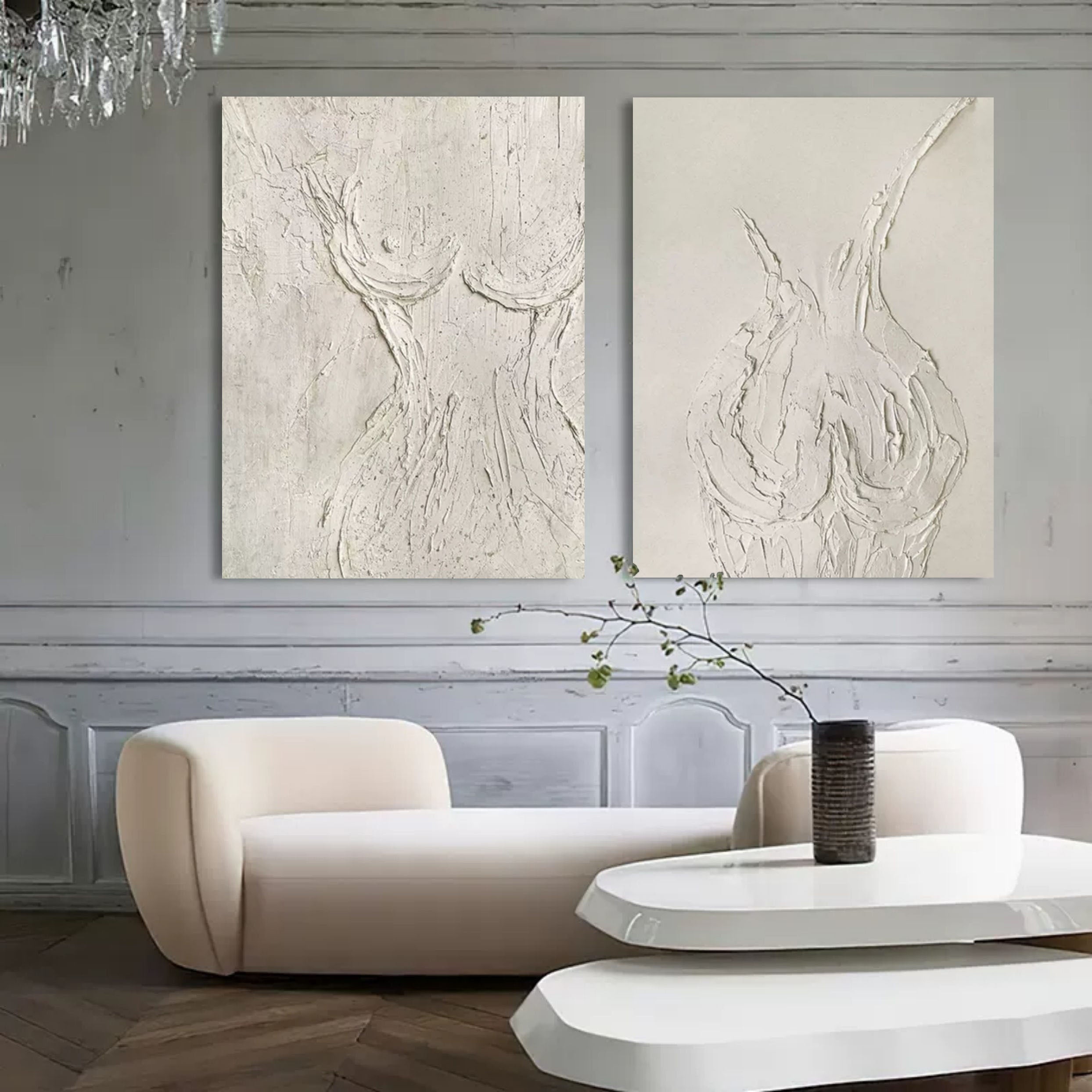 Beige 3D Minimalist Abstract Canvas Art Set of 2 Plaster Wall Art Set of 2 Textured Wall Painting