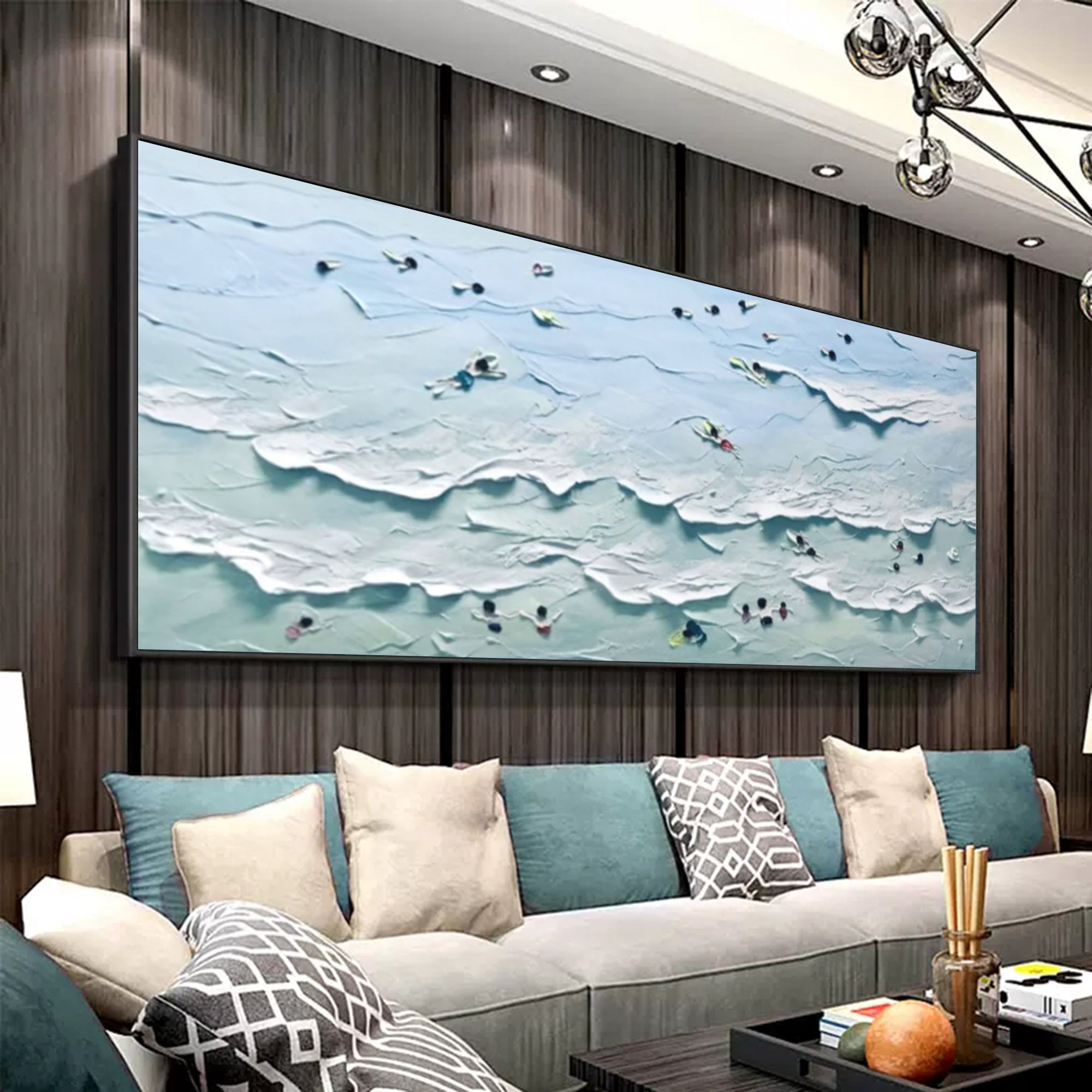 Large Blue Sea 3D Painting Sea Swimming 3D Landscape Canvas Painting Blue Sea 3D Texture Wall Art