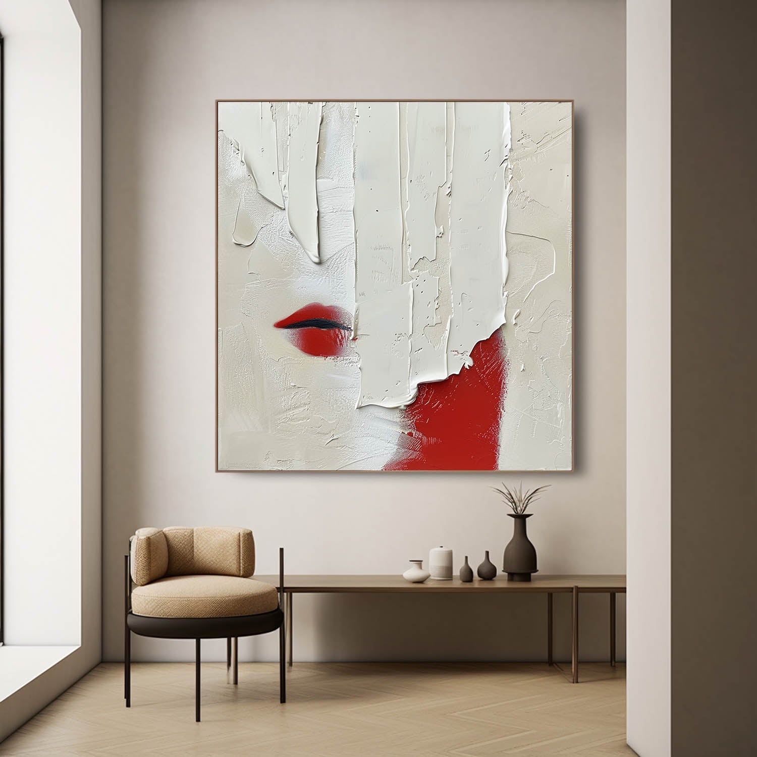 Large Red and White Plaster Abstract Art for Sale Red and White Plaster Texture Canvas Painting