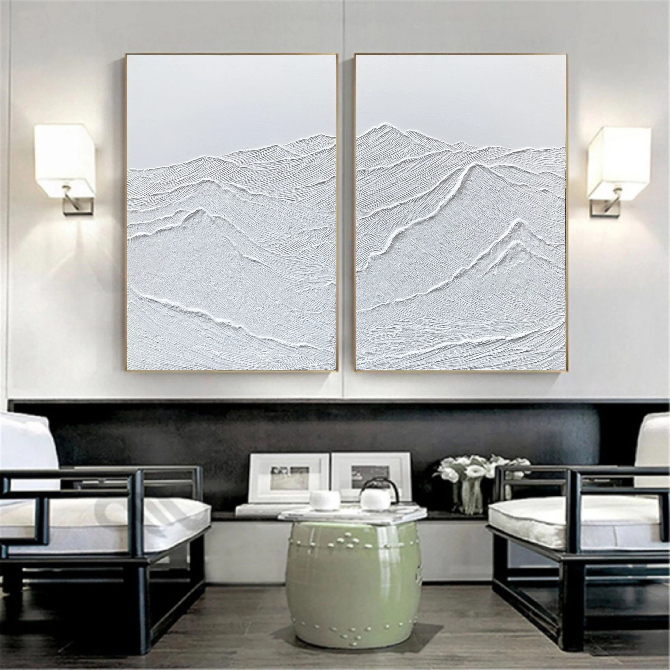 Set of 2 White Textured Plaster Painting for Bedroom/Living Room