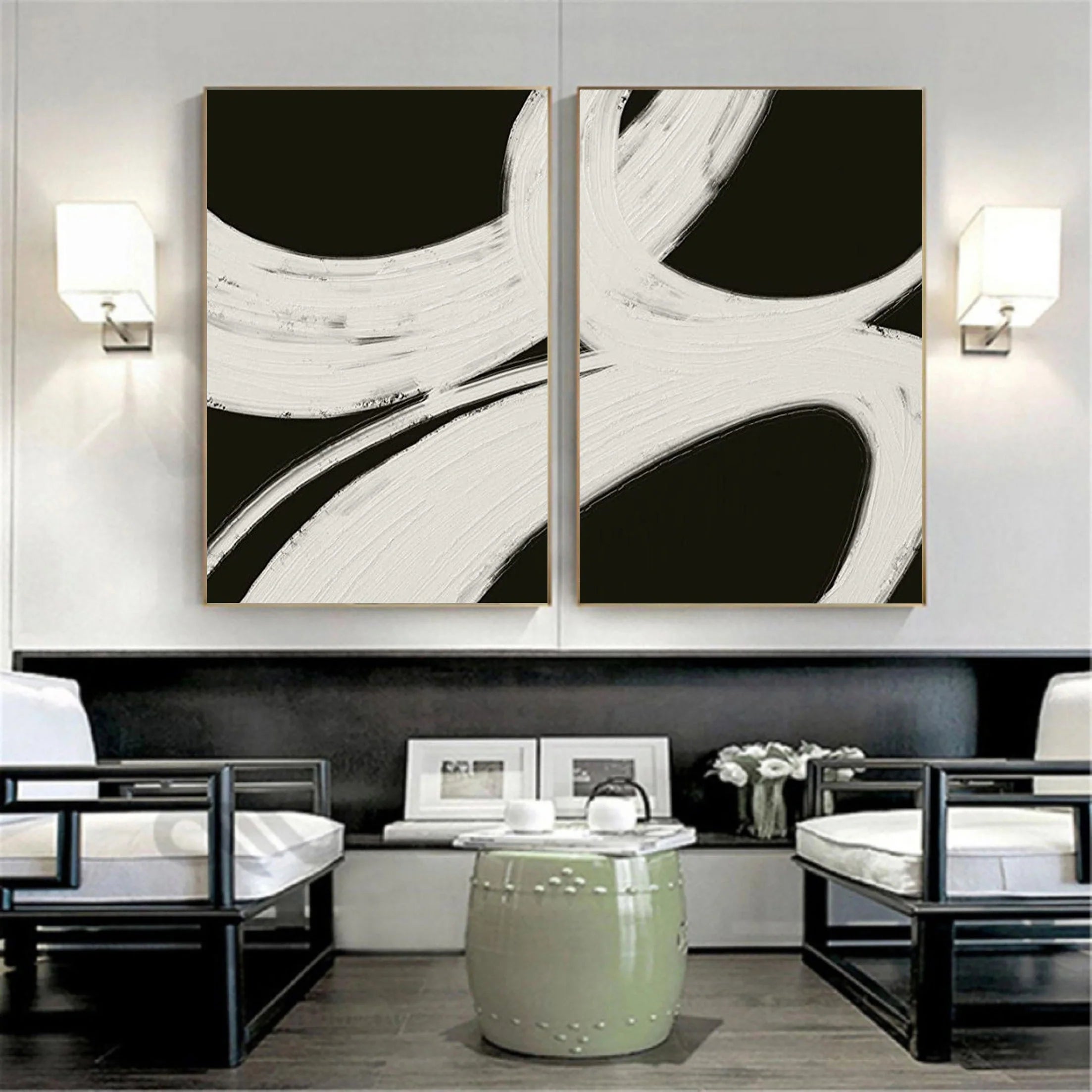 Geometric Wabi Sabi Black Beige Abstract Painting on Canvas Set of 2