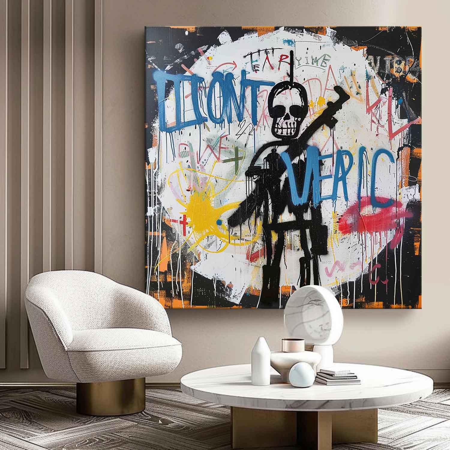 Basquiat Abstract Art Cool Skeleton Graffiti Abstract Art Fun Graffiti Canvas Wall Art for Sale