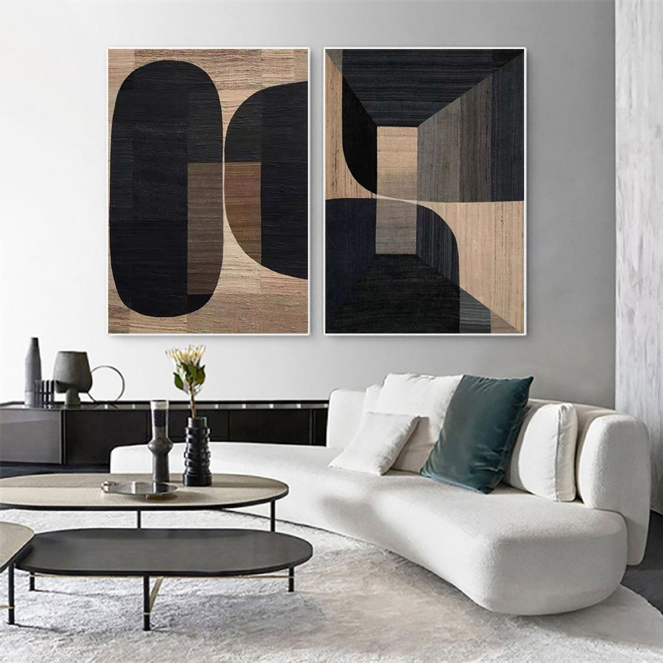 Geometric Wabi Sabi Black Brown Abstract Painting on Canvas for Living Room