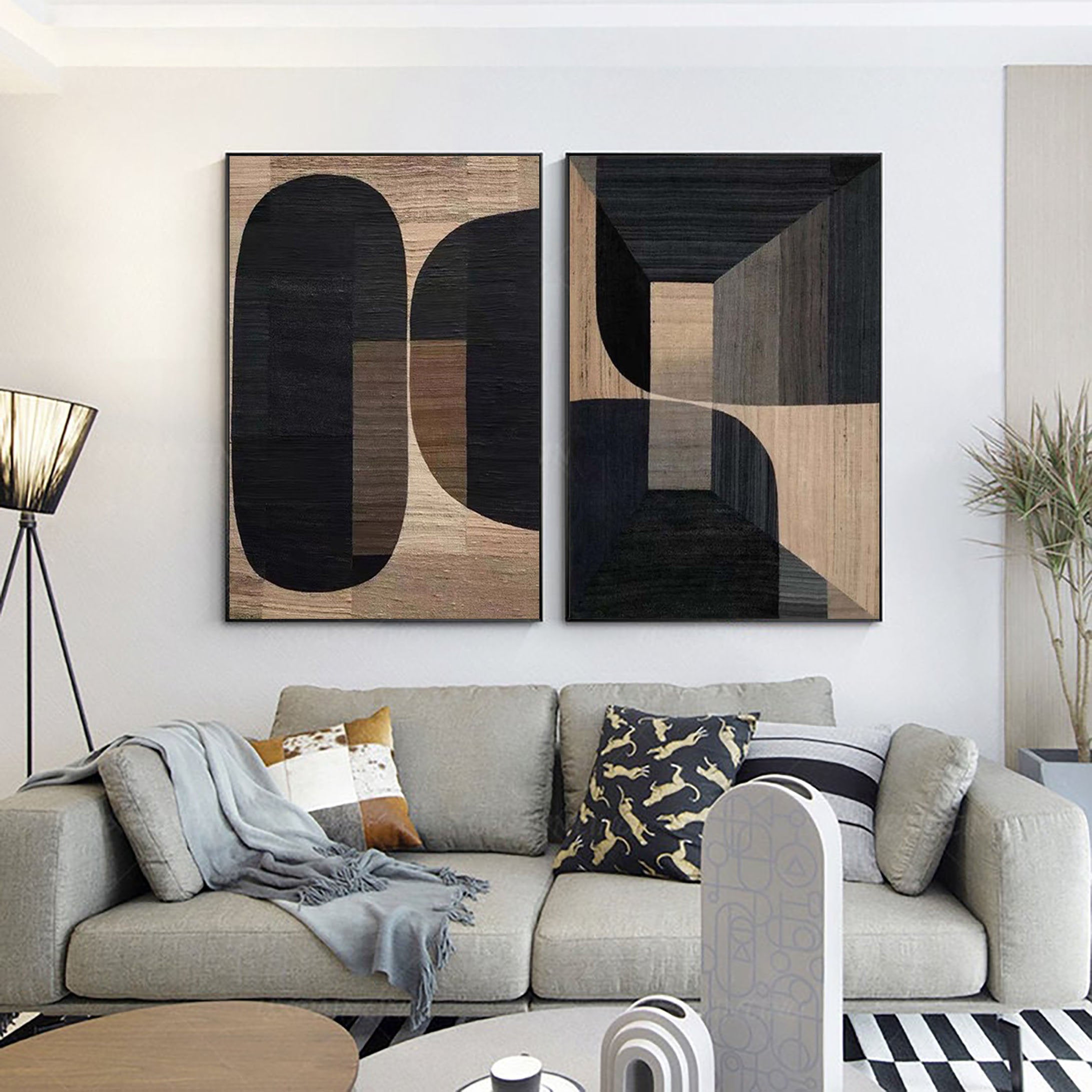 Geometric Wabi Sabi Black Brown Abstract Painting on Canvas for Living Room