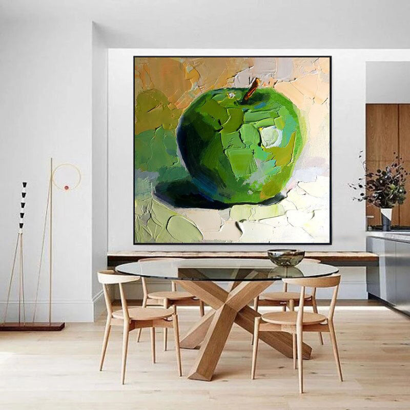 The Green Apple - Textured Oil Painting, Abstract Fruit Wall Art, Vibrant Kitchen Decor