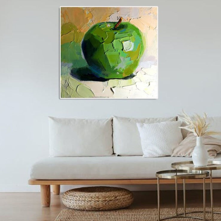 The Green Apple - Textured Oil Painting, Abstract Fruit Wall Art, Vibrant Kitchen Decor