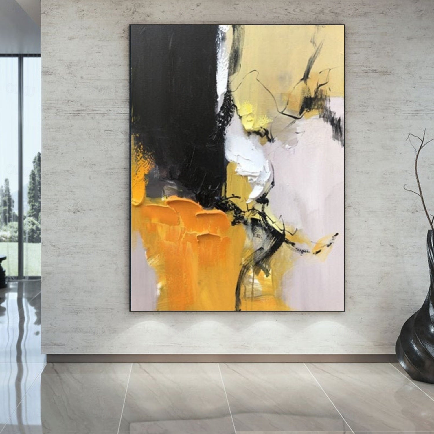 Bold Abstract Oil Painting in Black and Yellow