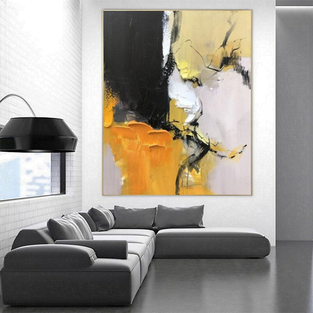 Bold Abstract Oil Painting in Black and Yellow