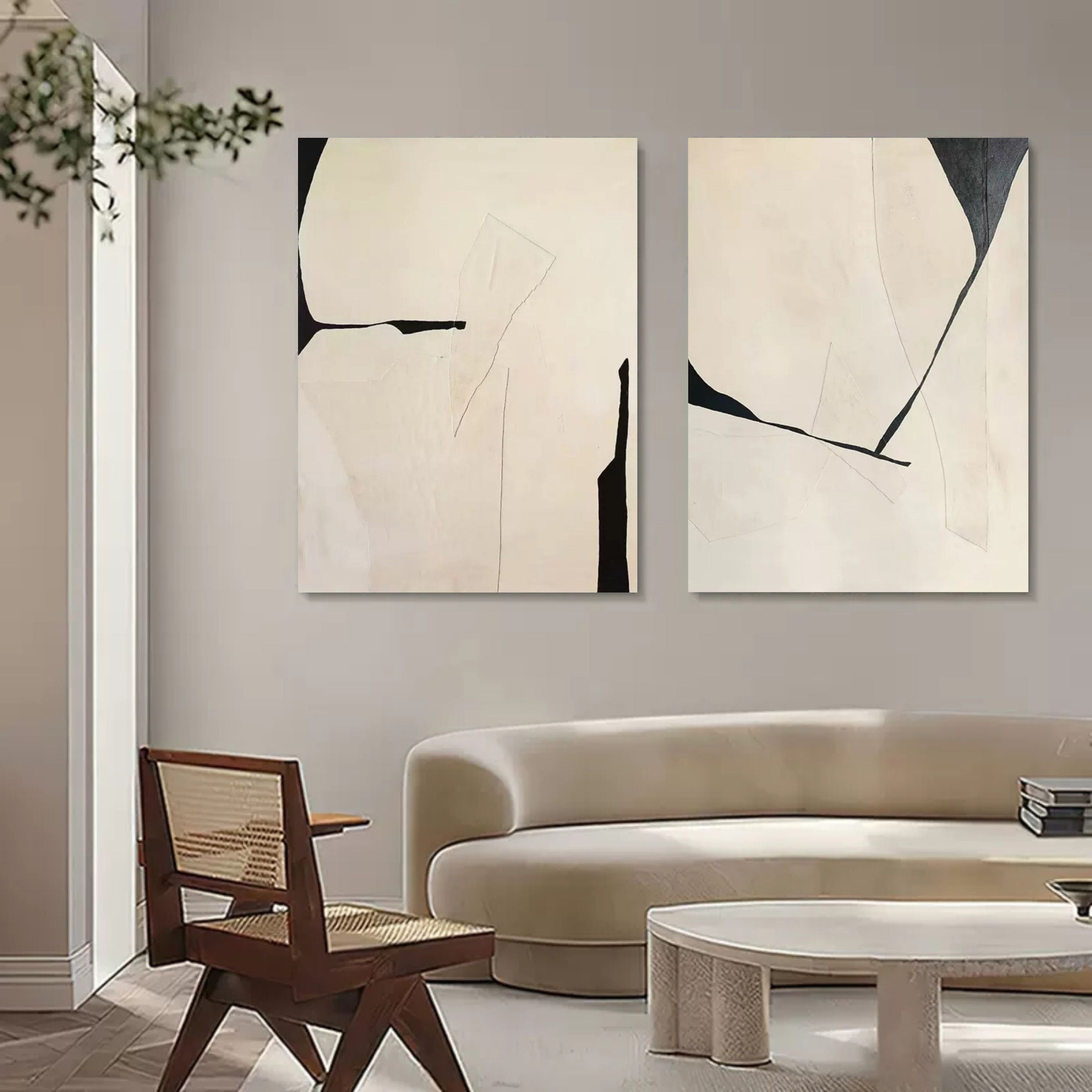 Neutral Elegance: Dual Abstract Canvas