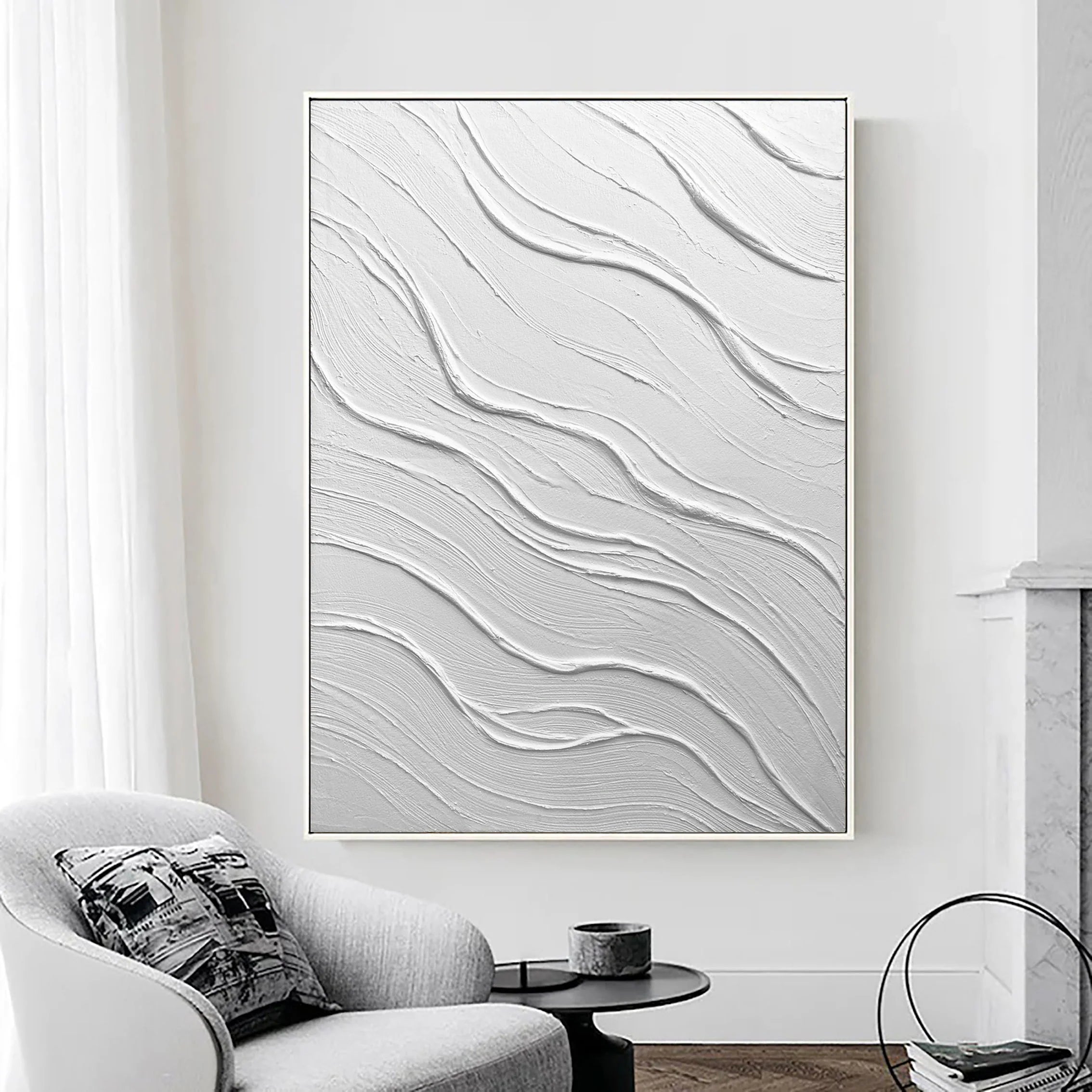 Large Size White Textured Wave Plaster Art Painting Wall Artwork for Room Deco