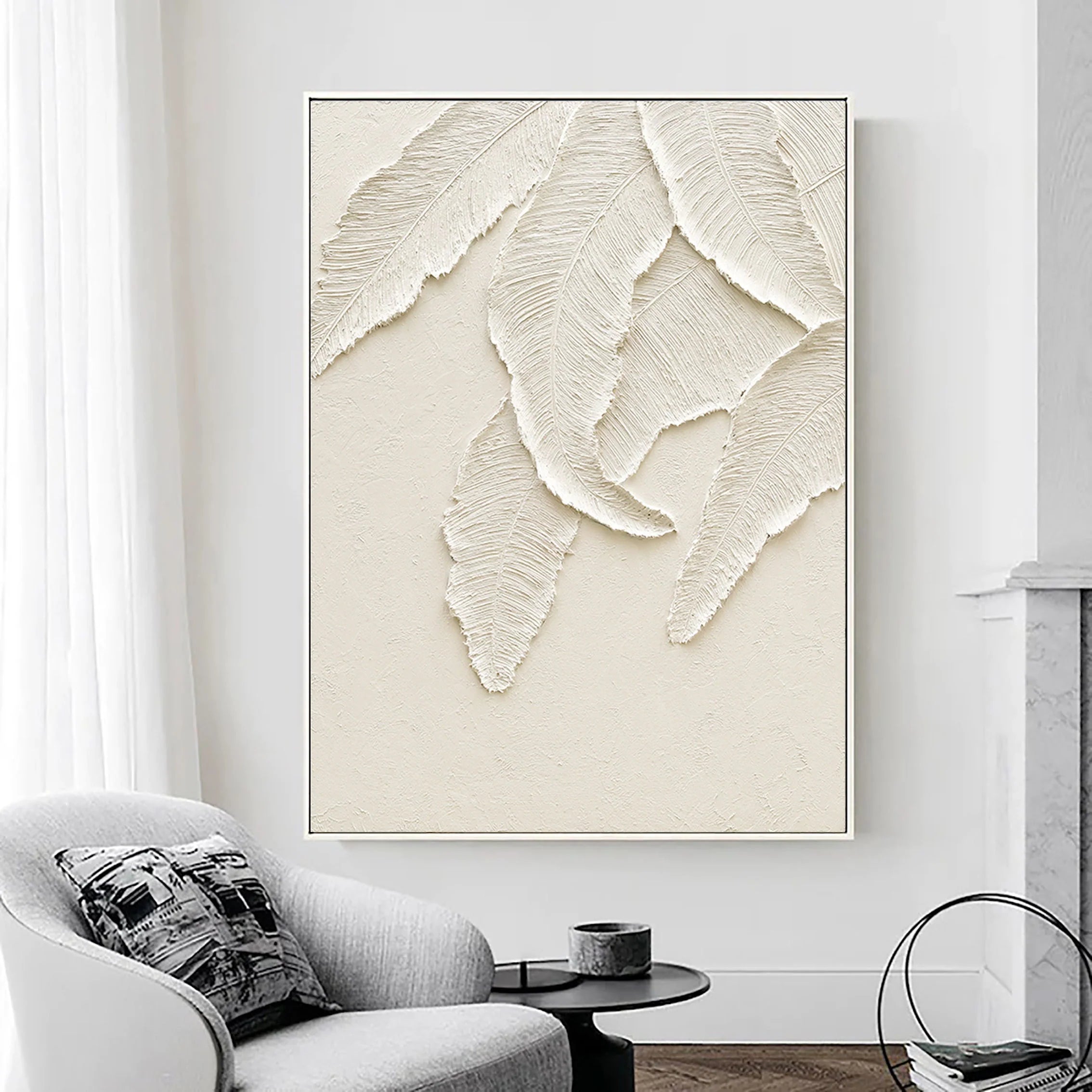 3D Textured Leaves Minimalistic Plaster Art Painting for Bedroom/Living Room