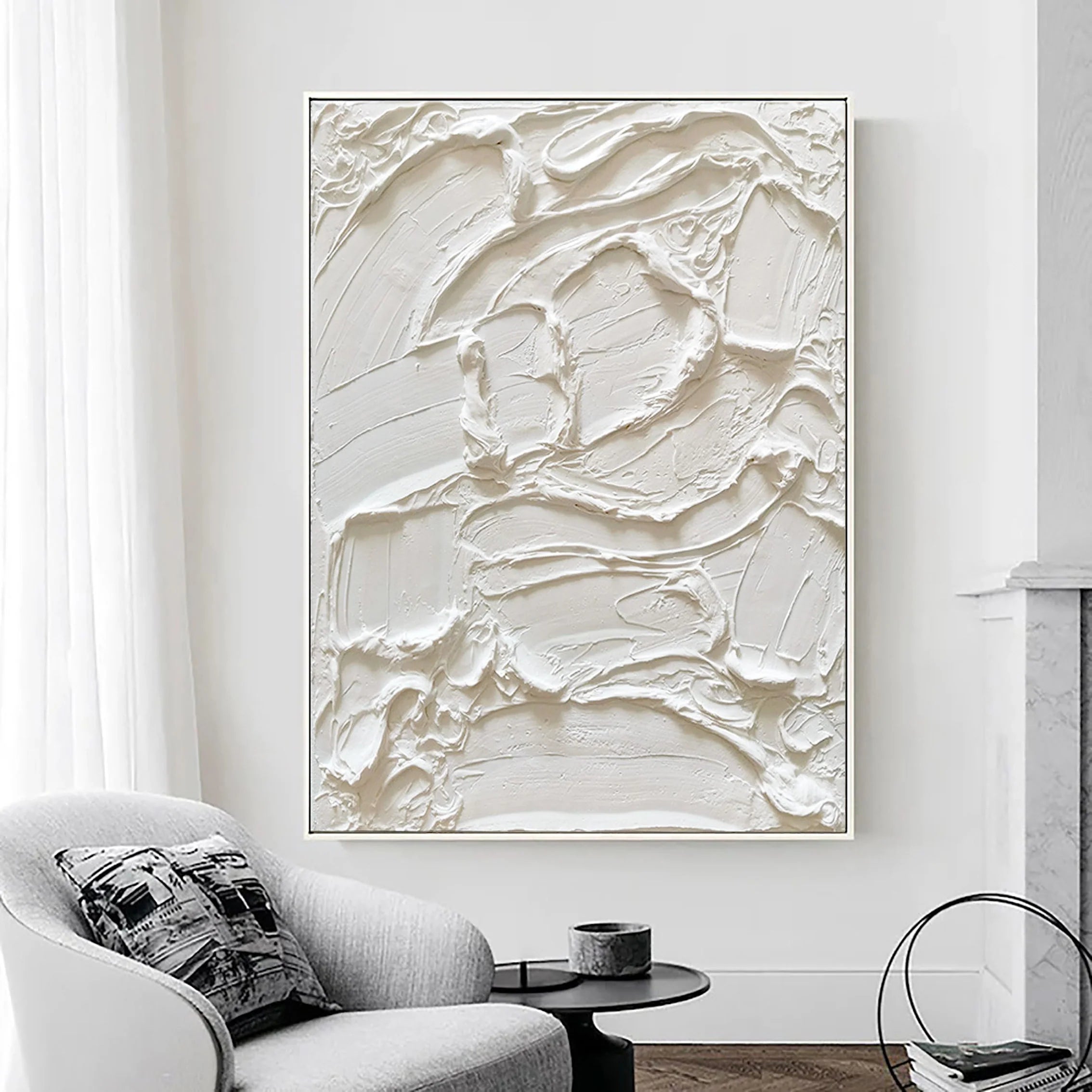 White Textured Plaster Painting Minimalist Handcrafted Wall Decor