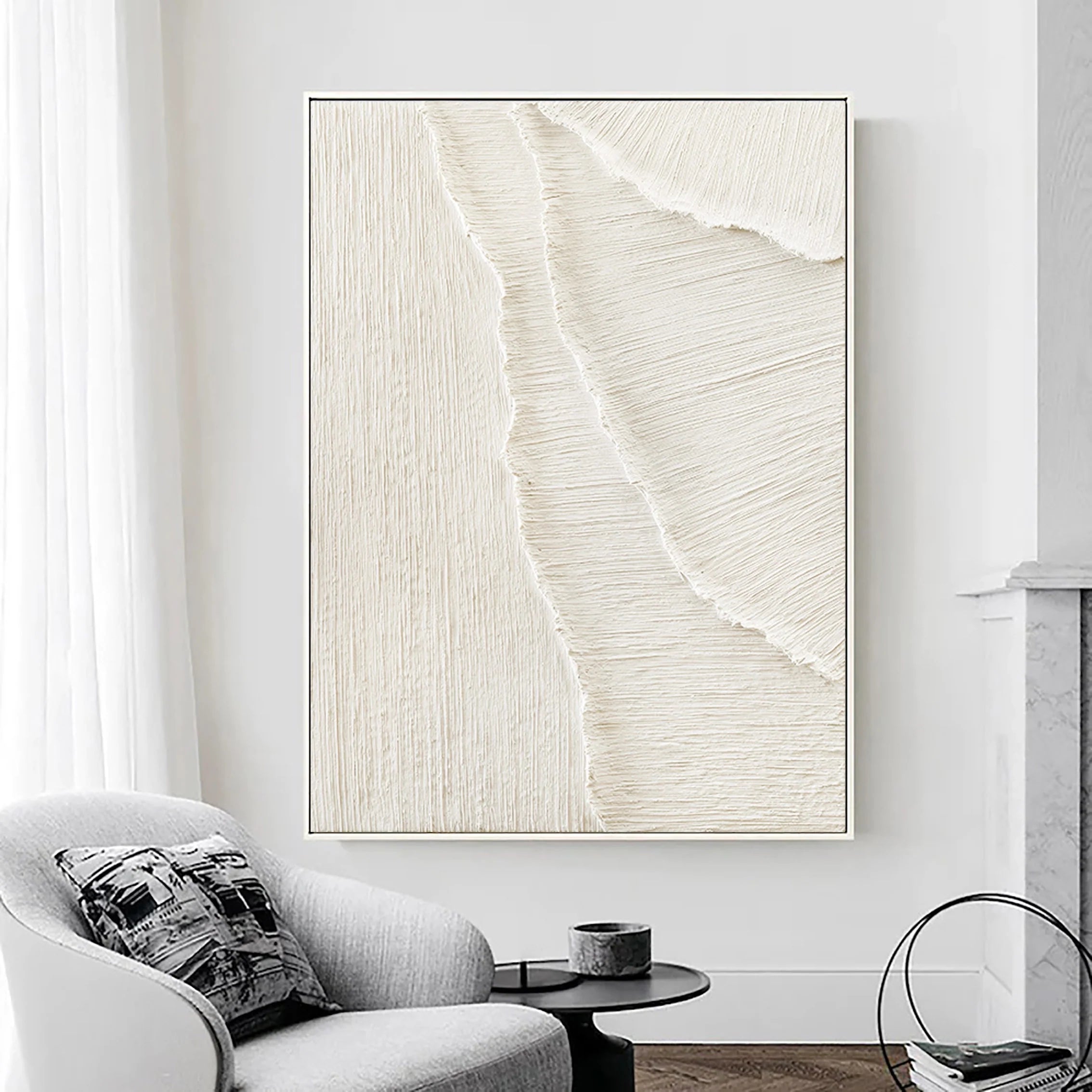 Beige Sea Slap Beach Textured Plaster Framed Canvas, Large Minimalist Wall Artwork for Home Decor