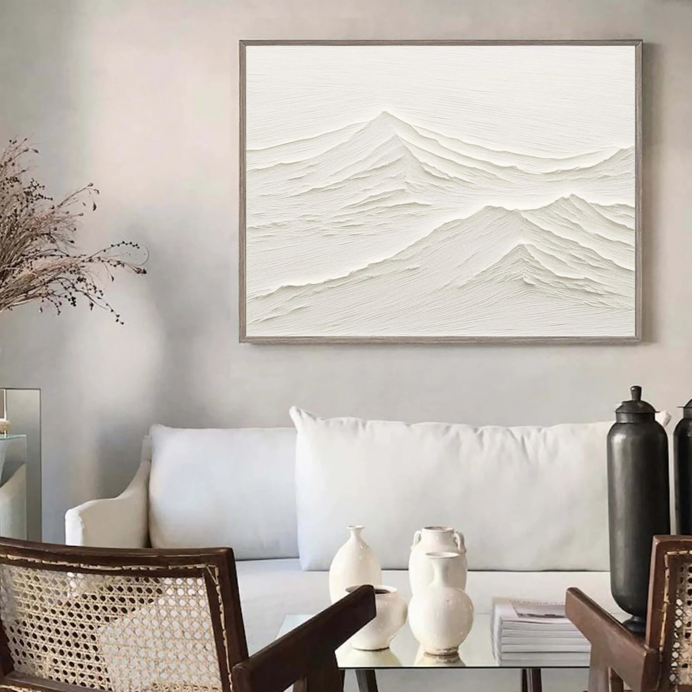 Hand-Painted Landscape Beige Plaster Art Framed Canvas Painting, Abstract Minimalist for Living Room