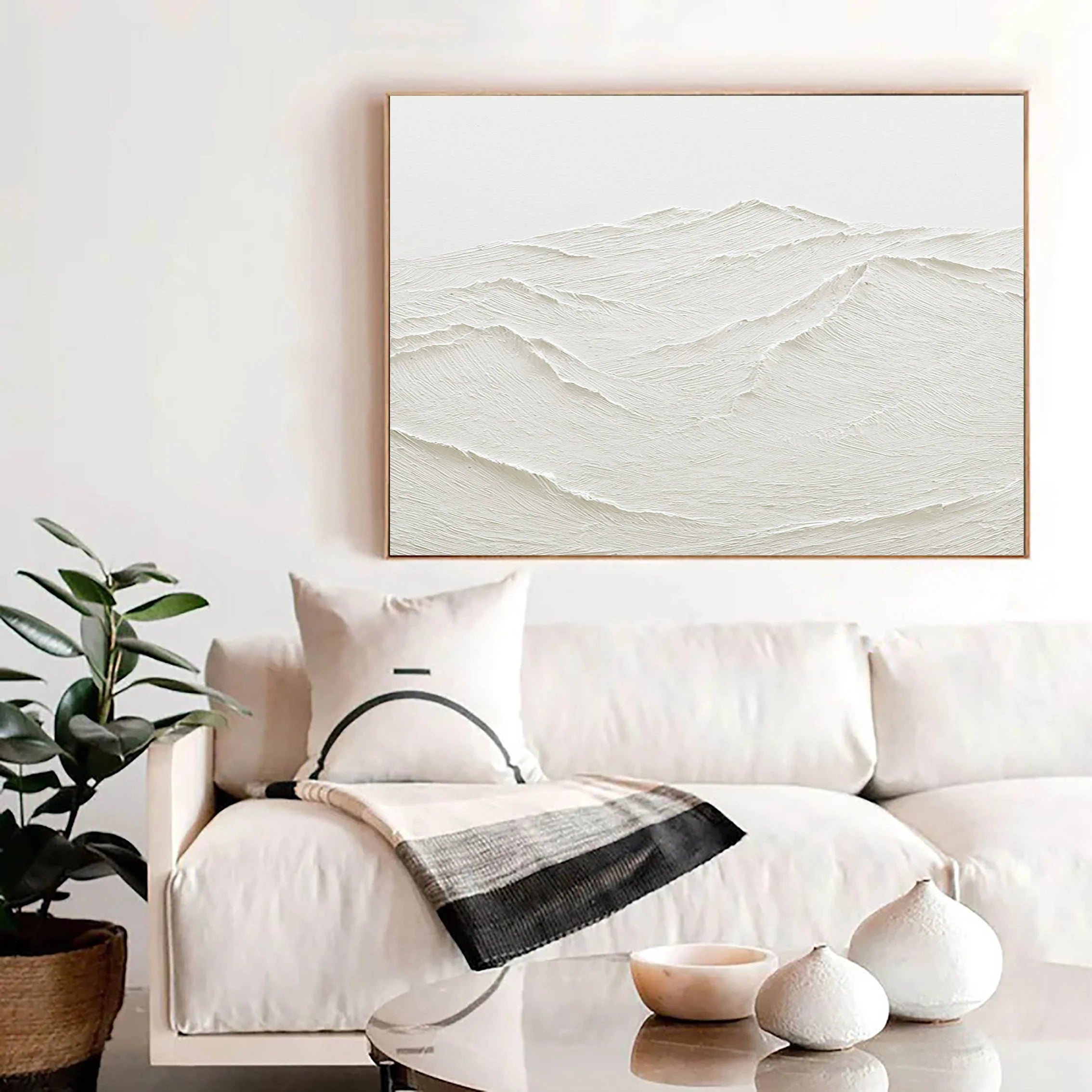 White Rich Textured Landscape Plaster Art Painting, Handcrafted Mountain Minimalist Wall Art