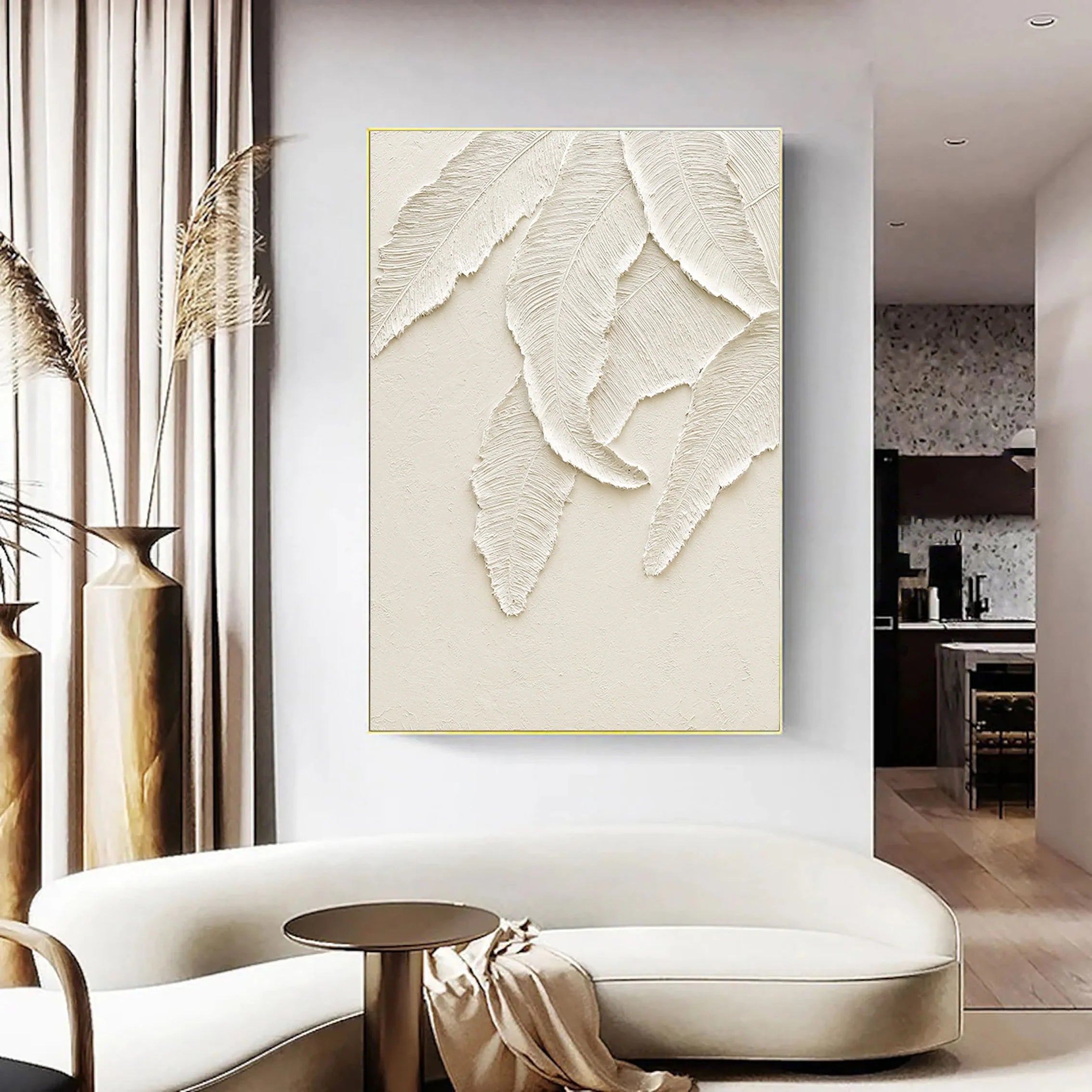 3D Textured Leaves Minimalistic Plaster Art Painting for Bedroom/Living Room