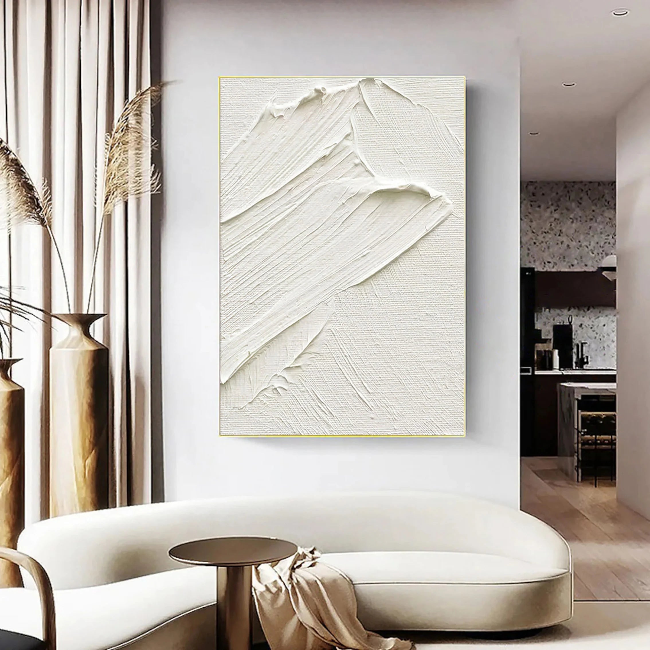 White Sea Slap Plaster Art Painting Minimalistic Balance on Large Canvas