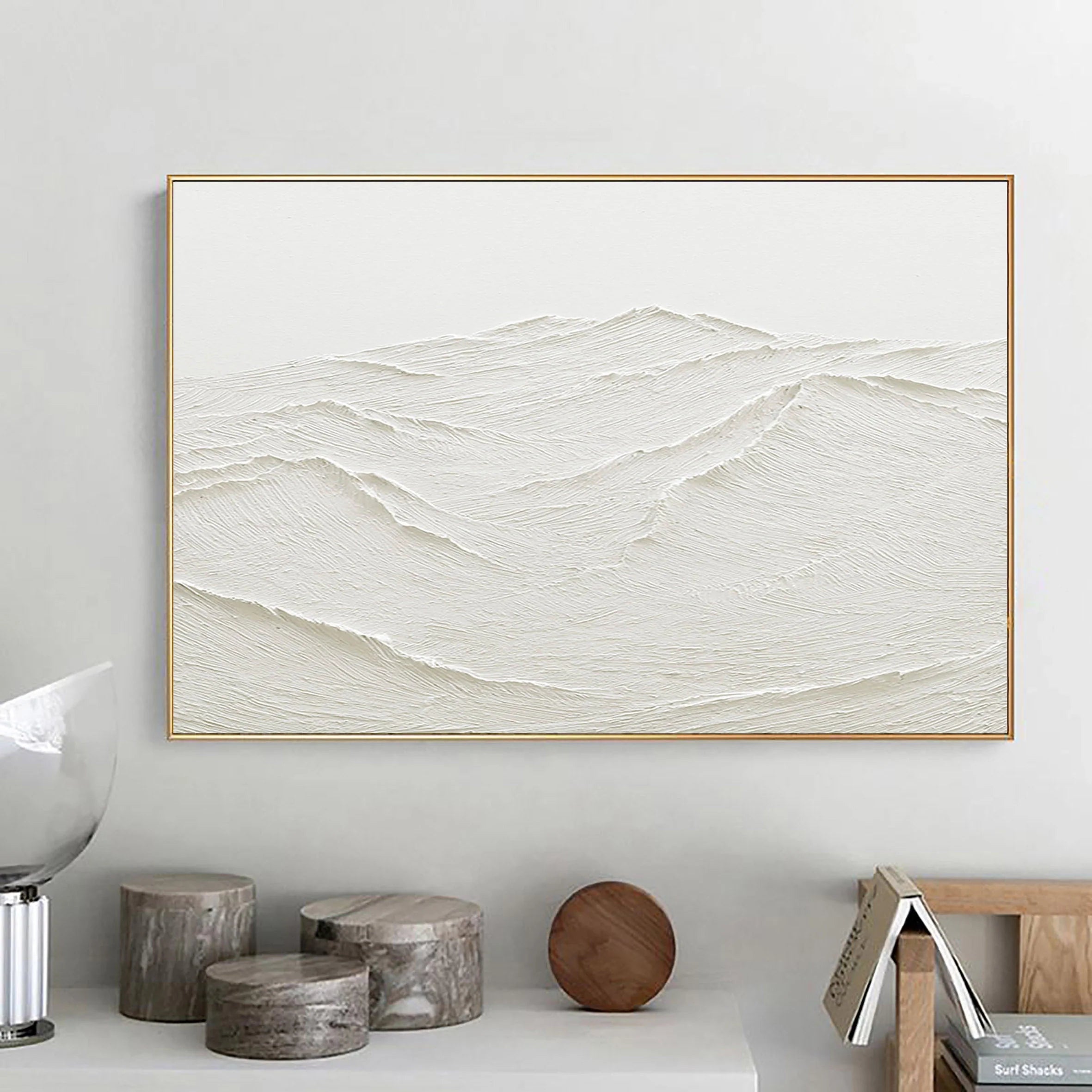 White Rich Textured Landscape Plaster Art Painting, Handcrafted Mountain Minimalist Wall Art