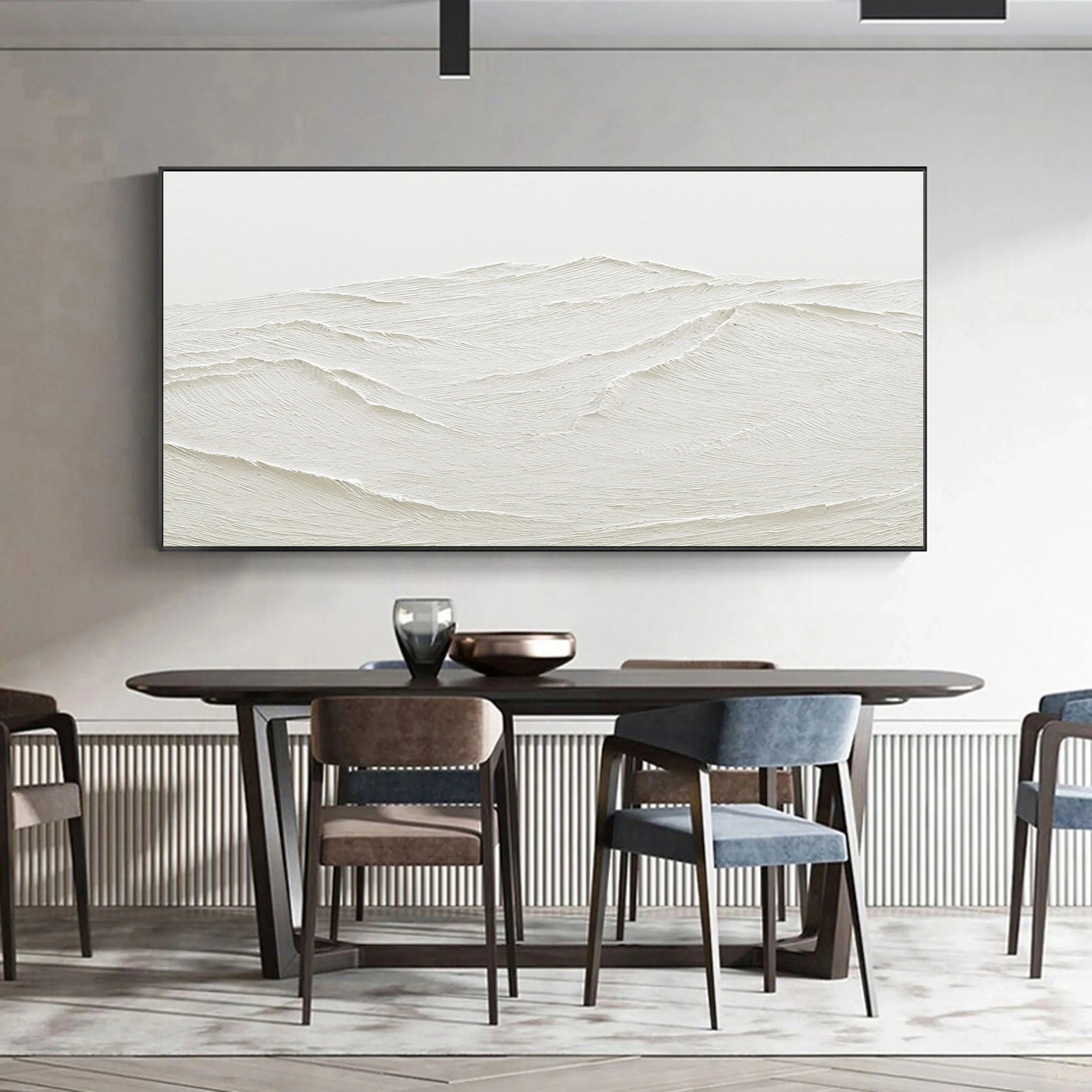 White Rich Textured Landscape Plaster Art Painting, Handcrafted Mountain Minimalist Wall Art