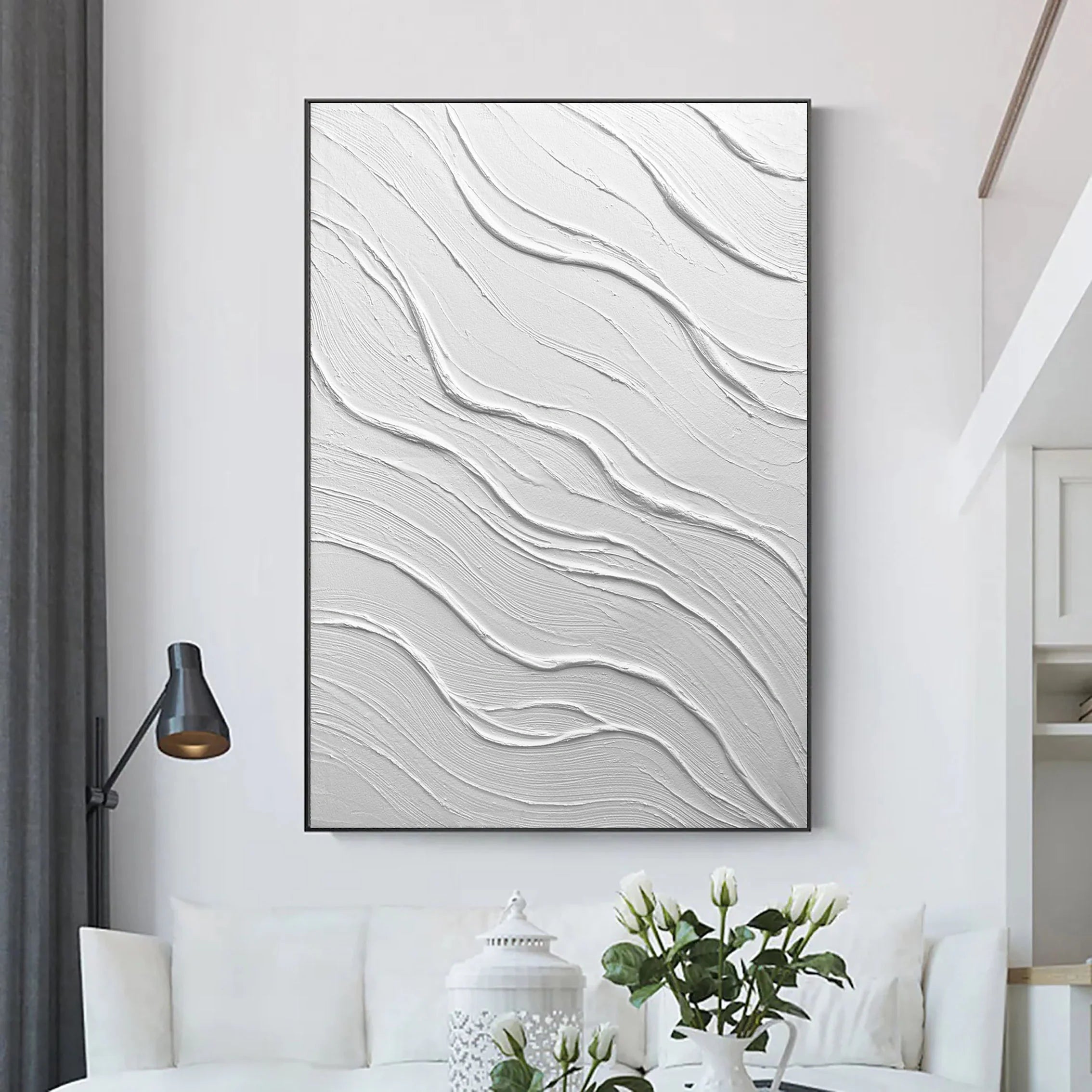 Large Size White Textured Wave Plaster Art Painting Wall Artwork for Room Deco