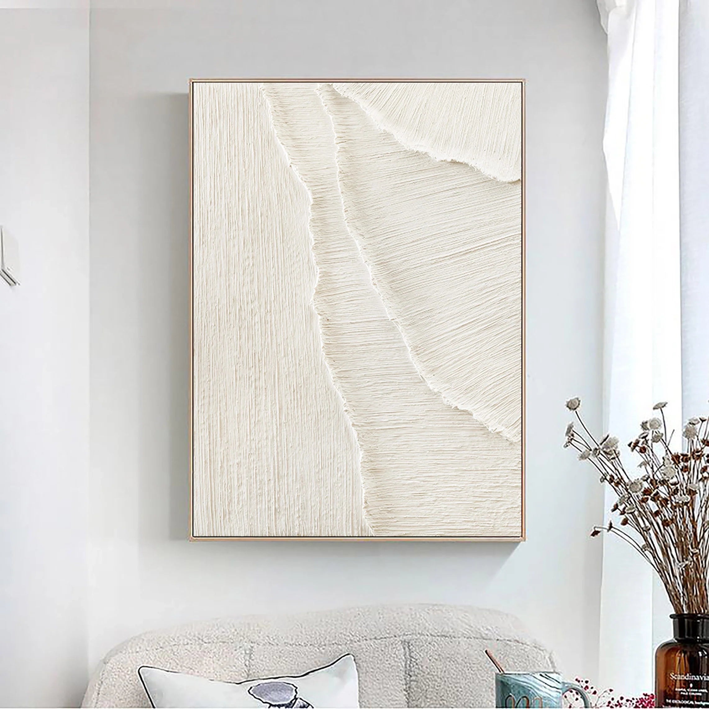 Beige Sea Slap Beach Textured Plaster Framed Canvas, Large Minimalist Wall Artwork for Home Decor