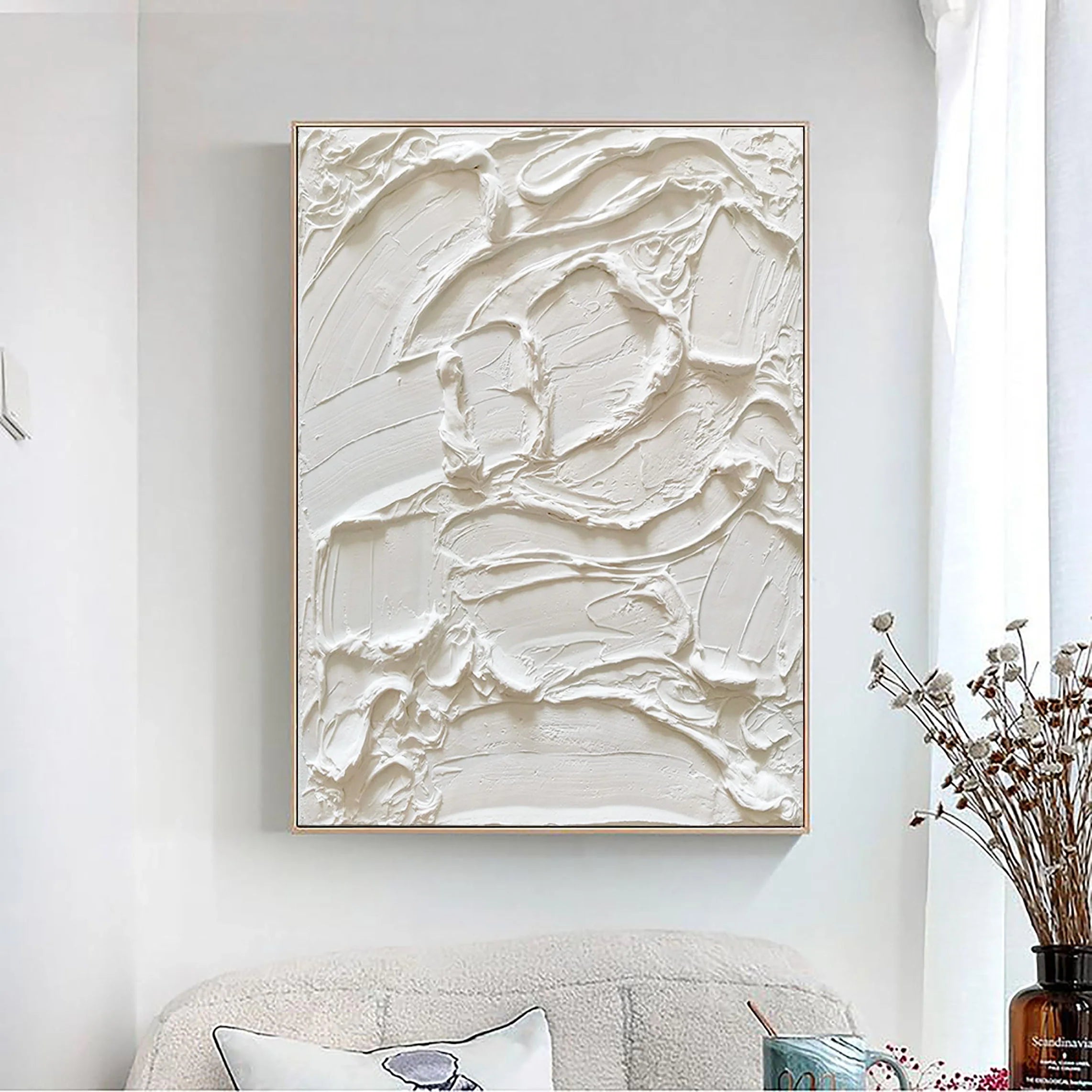 White Textured Plaster Painting Minimalist Handcrafted Wall Decor