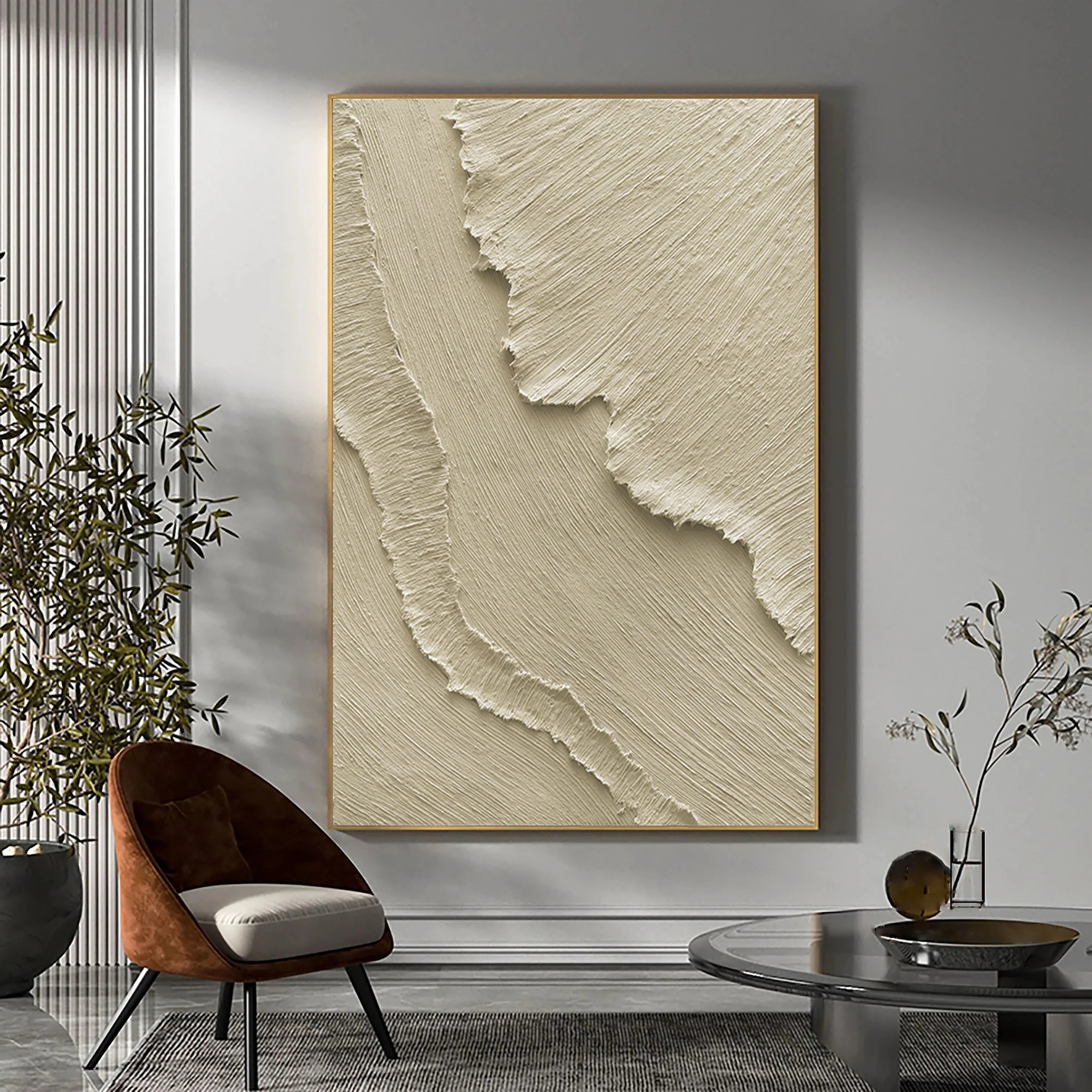 Beige 3D Textured Plaster Painting on Canvas Minimalist Wall Artwork