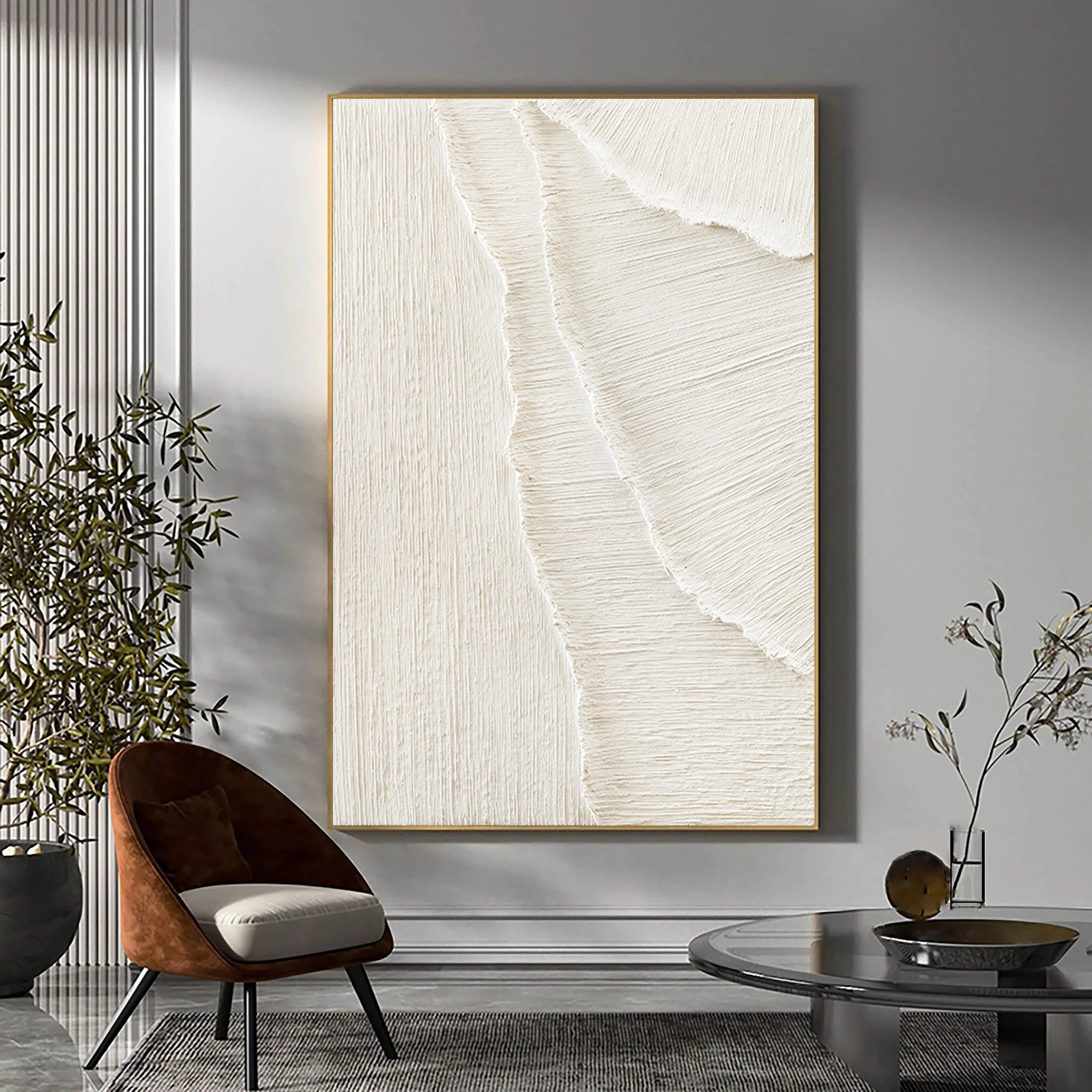 Beige Sea Slap Beach Textured Plaster Framed Canvas, Large Minimalist Wall Artwork for Home Decor