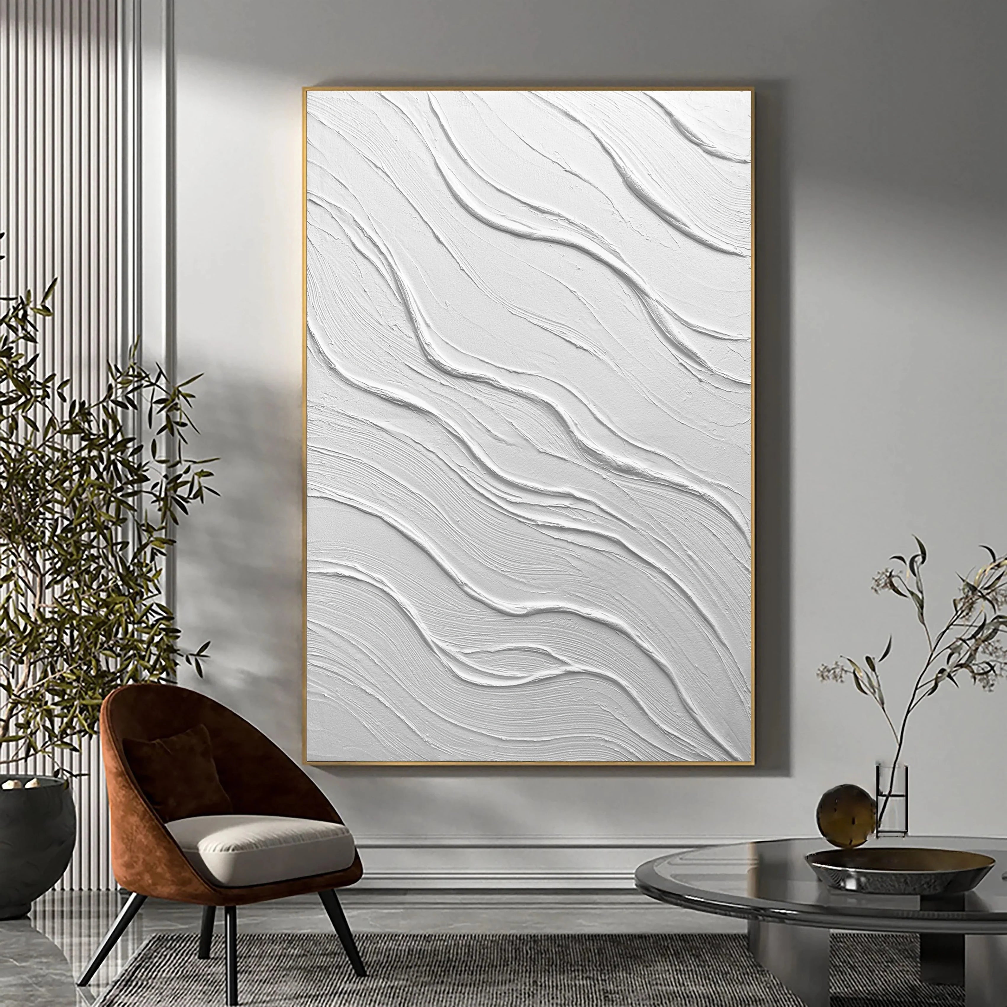 Large Size White Textured Wave Plaster Art Painting Wall Artwork for Room Deco