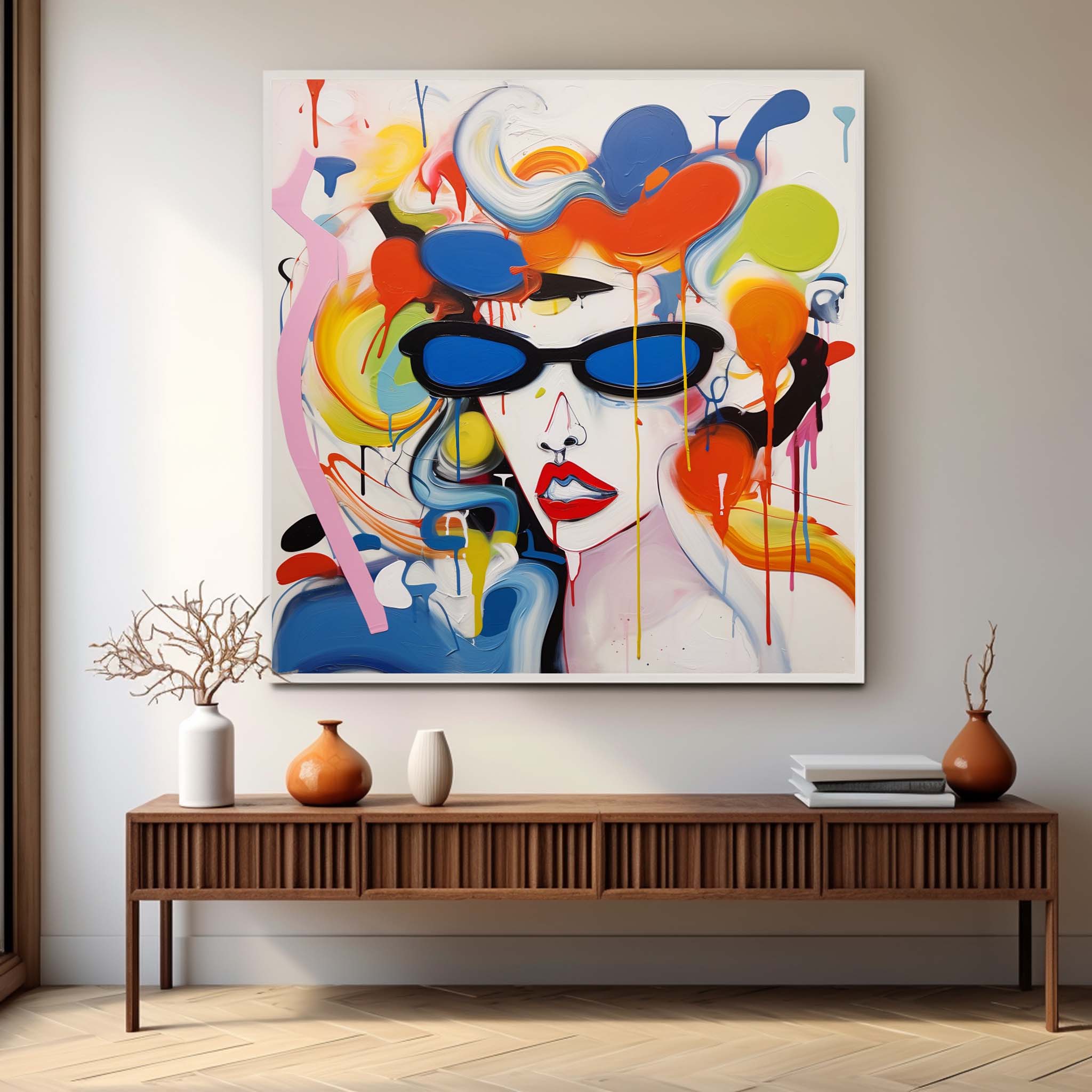 Cool Wearing Sunglasses Pop Art Funny Lady Abstract Portrait Pop Art Canvas Woman Graffiti Art