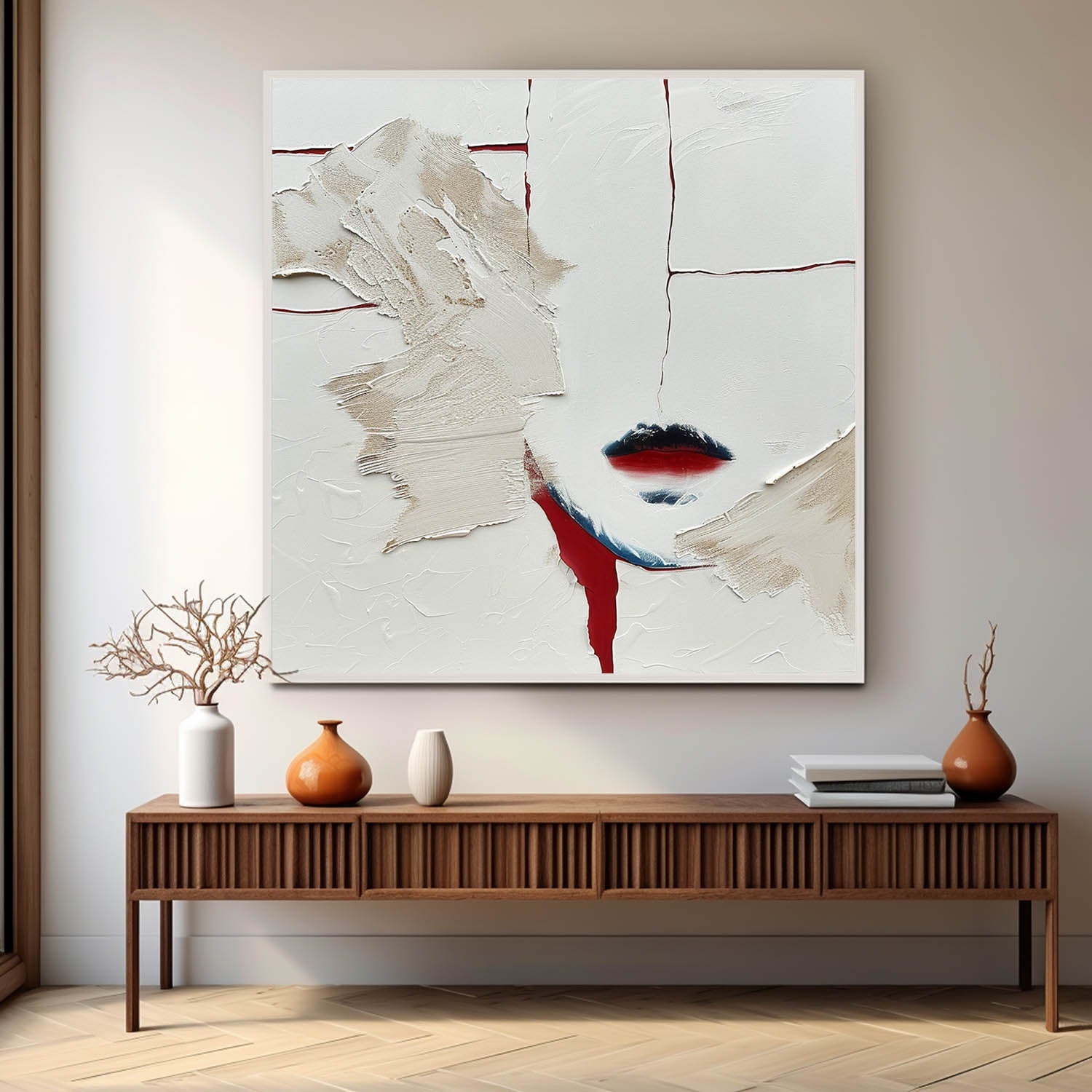 Large Red Lips Abstract Art for Sale Large Red Lips Plaster Texture Canvas Painting Red Lips Wall Art