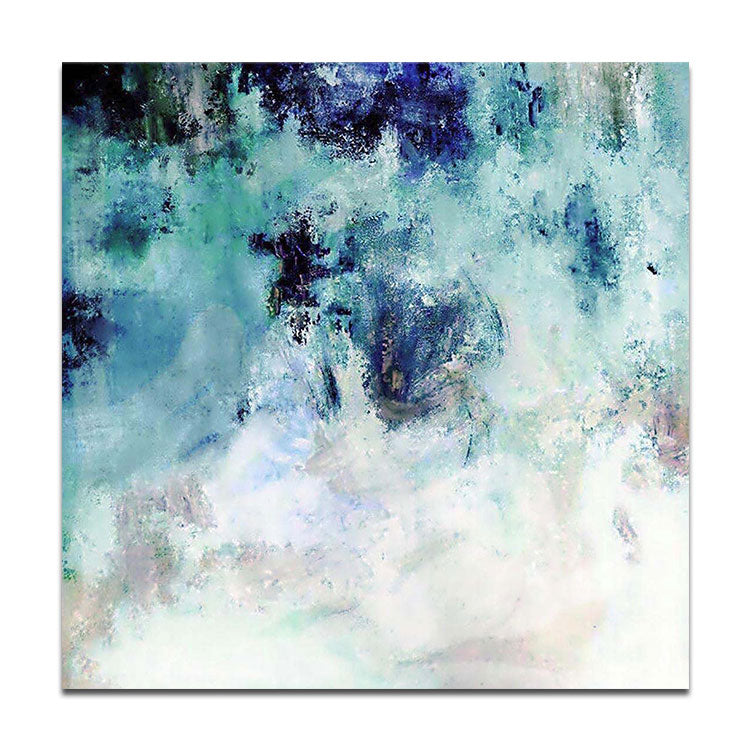 Grande toile originale bleu foncé et blanc, toile bleu clair, art abstrait texturé en acrylique | Dans les montagnes brumeuses 