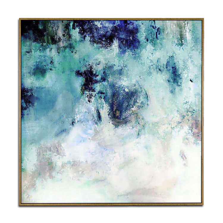 Grande toile originale bleu foncé et blanc, toile bleu clair, art abstrait texturé en acrylique | Dans les montagnes brumeuses 