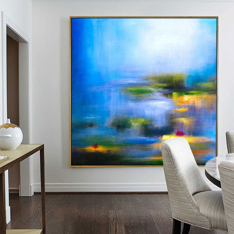 Modern Acrylic Painting Oil Hand Painting Canvas Wall Art Sky Blue Painting Green Artwork Gold Painting Modern Painting | The little blue lake