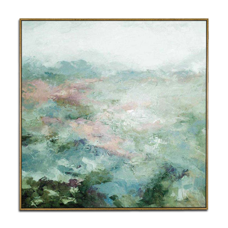 Peinture à l'huile sur toile contemporaine représentant un paysage de champ de printemps vert 