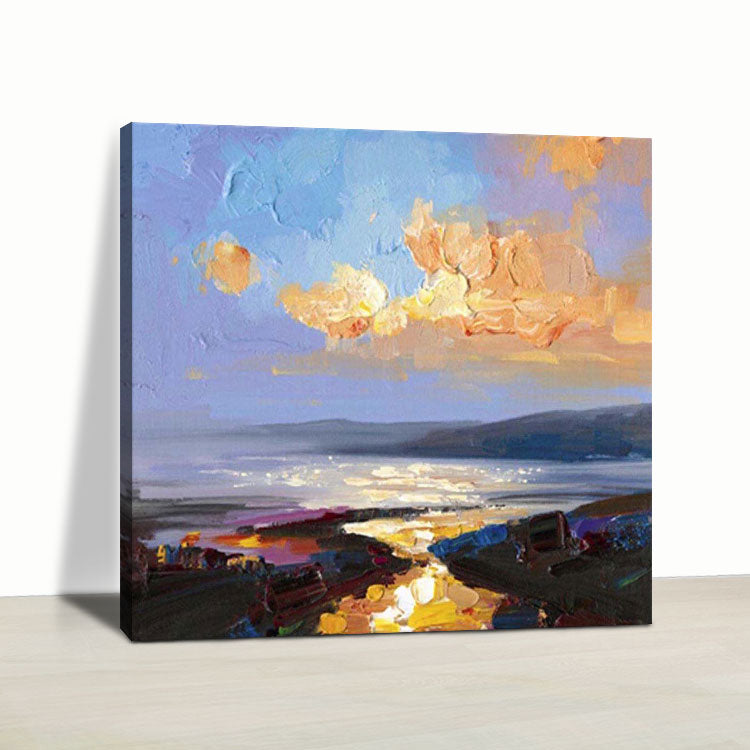 Large Oil Painting Canvas Handmade Oil Painting Bedroom Oil Painting Modern Sky Blue Abstract Art Gold Painting The rays of the setting sun