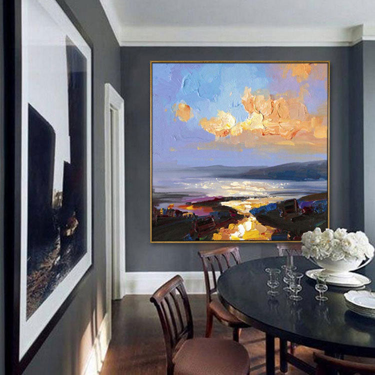 Large Oil Painting Canvas Handmade Oil Painting Bedroom Oil Painting Modern Sky Blue Abstract Art Gold Painting The rays of the setting sun