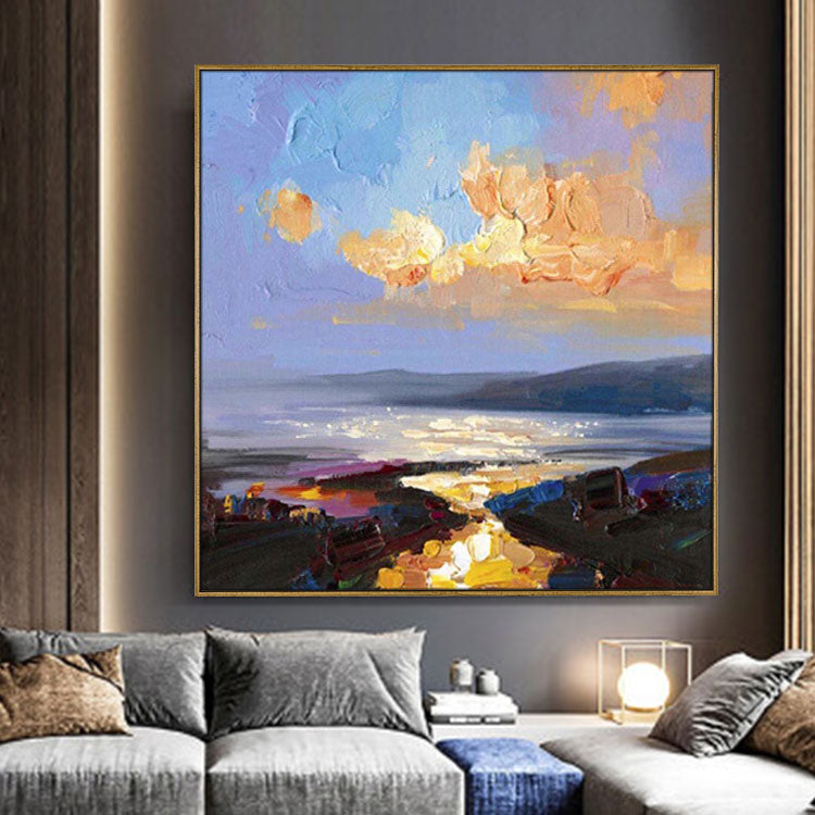 Large Oil Painting Canvas Handmade Oil Painting Bedroom Oil Painting Modern Sky Blue Abstract Art Gold Painting The rays of the setting sun