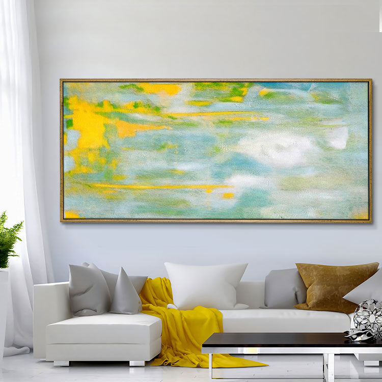 Paysage abstrait en jaune, vert et blanc | Art simple 