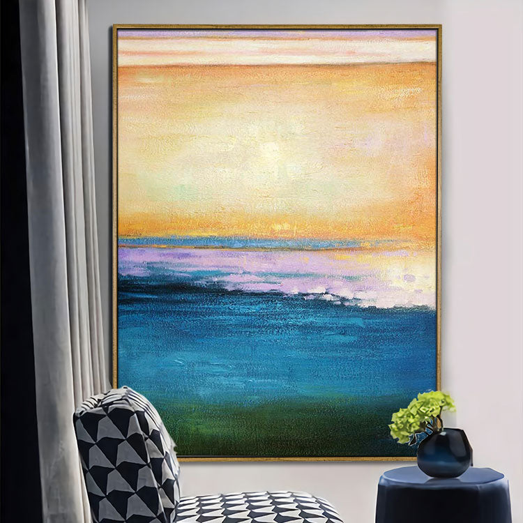 Coucher de soleil et marée haute - Peinture à l'huile sur toile faite à la main représentant un coucher de soleil 